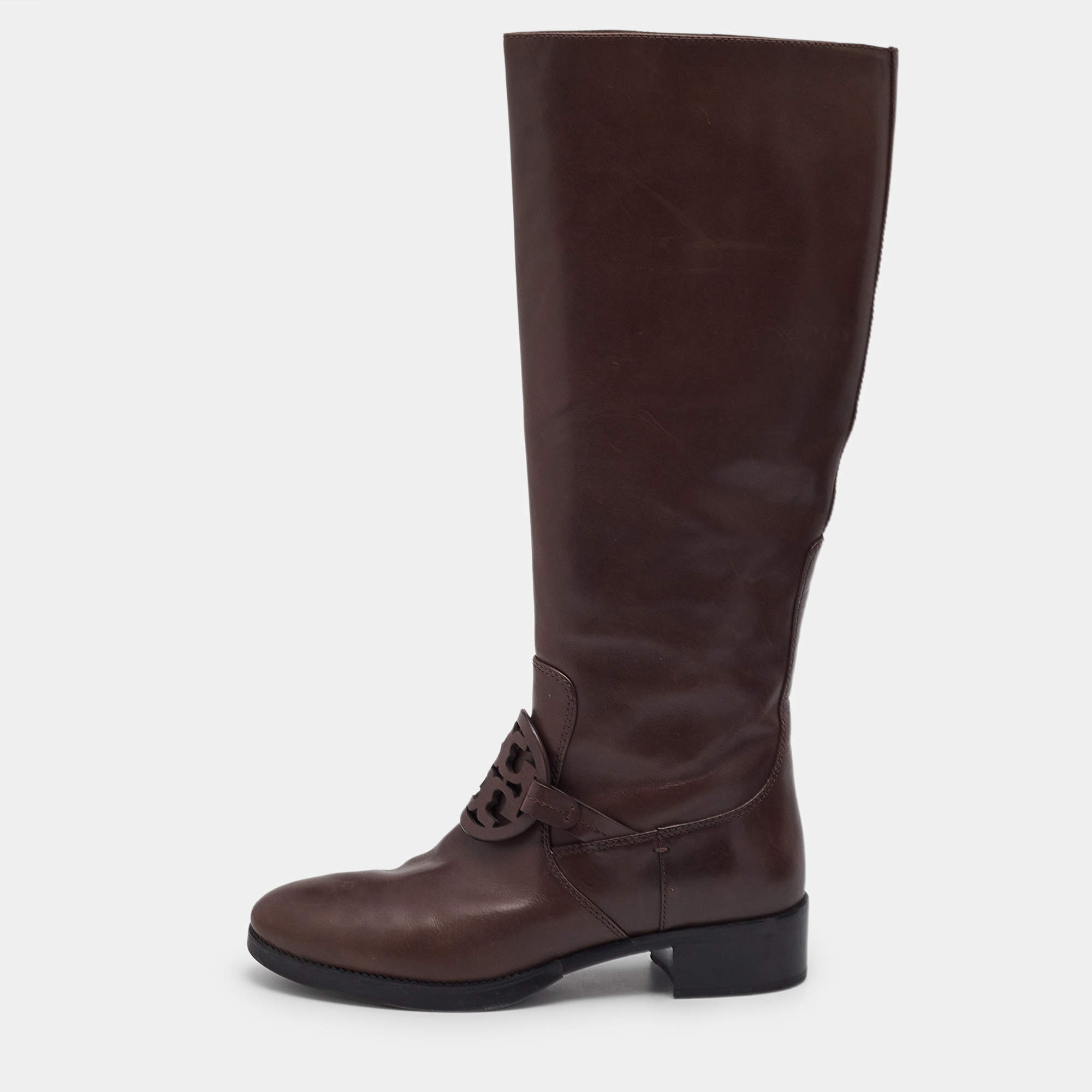 Pre Owned Tory Burch Brown Leather Miller Knee Length Boots Size 38.5