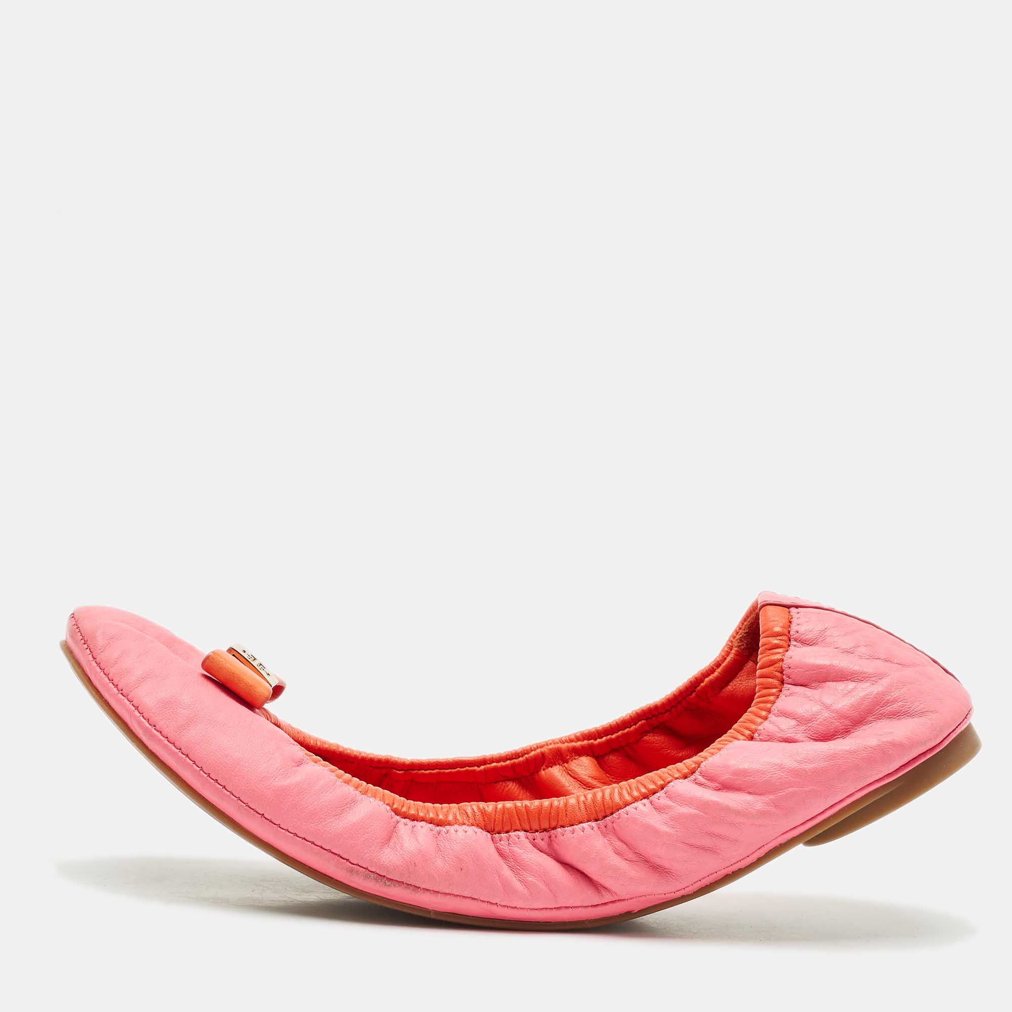 Pre Owned Tory Burch Pink/Orange Leather Bow Scrunch Ballet Flats Size 38.5