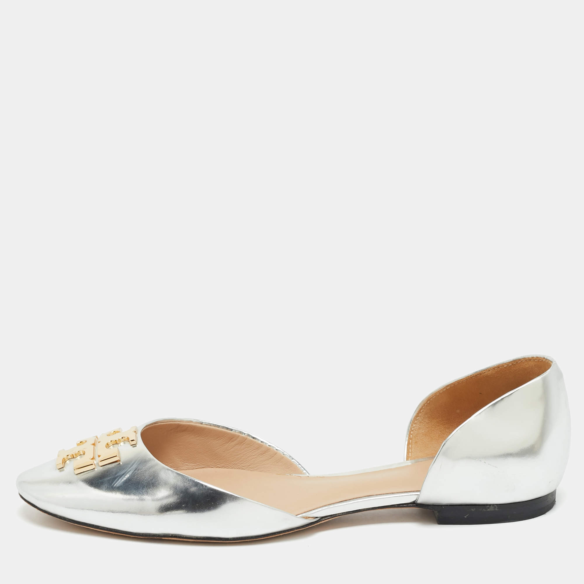 Pre Owned Tory Burch Silver Leather Raleigh Flats Size 38.5