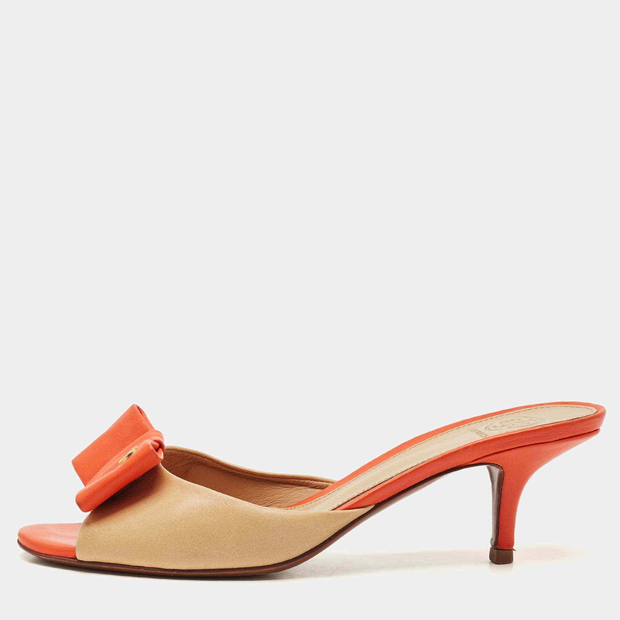 Pre Owned Tory Burch Beige/Orange Leather Bow Slide Sandals Size 39.5