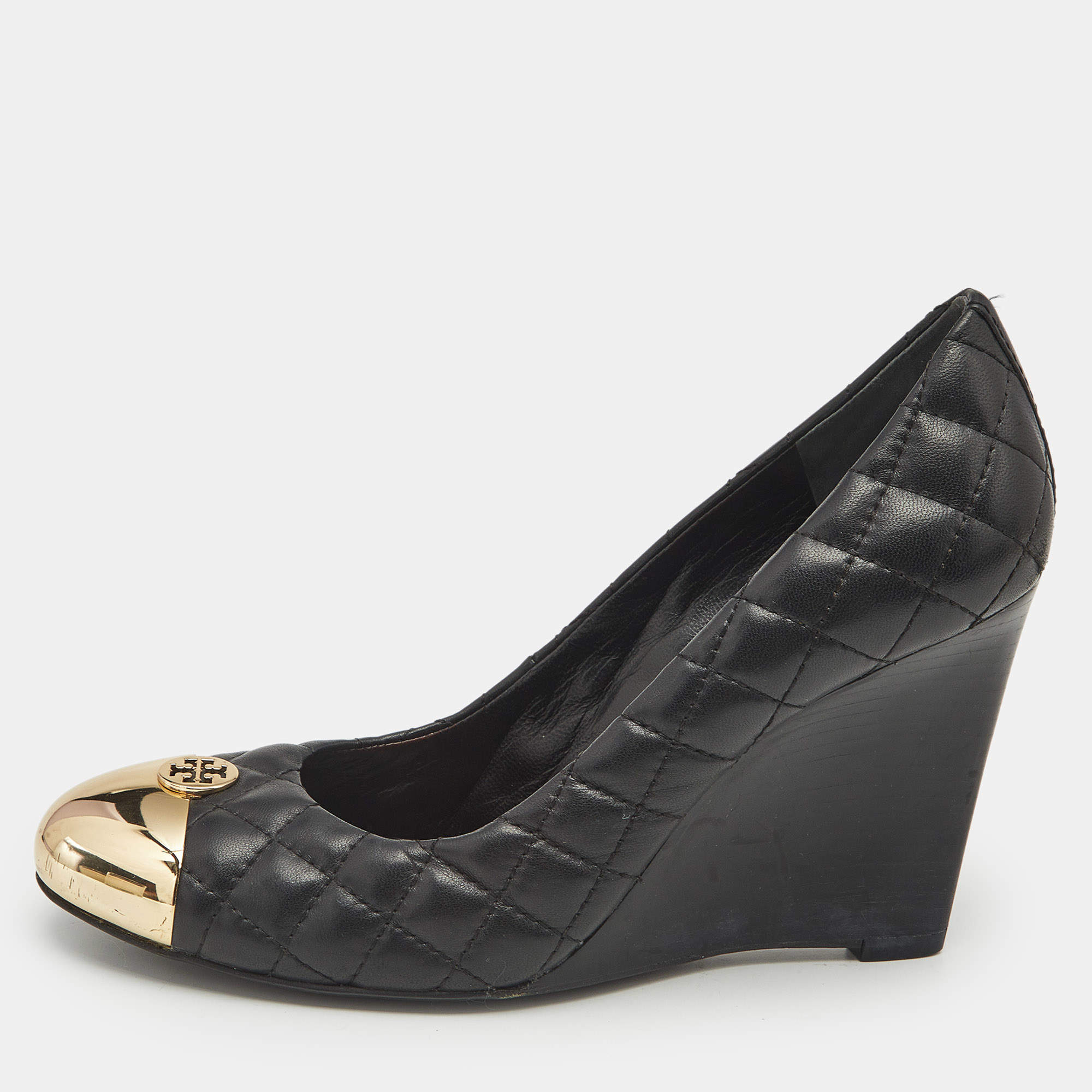 Pre Owned Tory Burch Black Quilted Leather Kaitlin Cap Toe Wedge Pumps Size 39