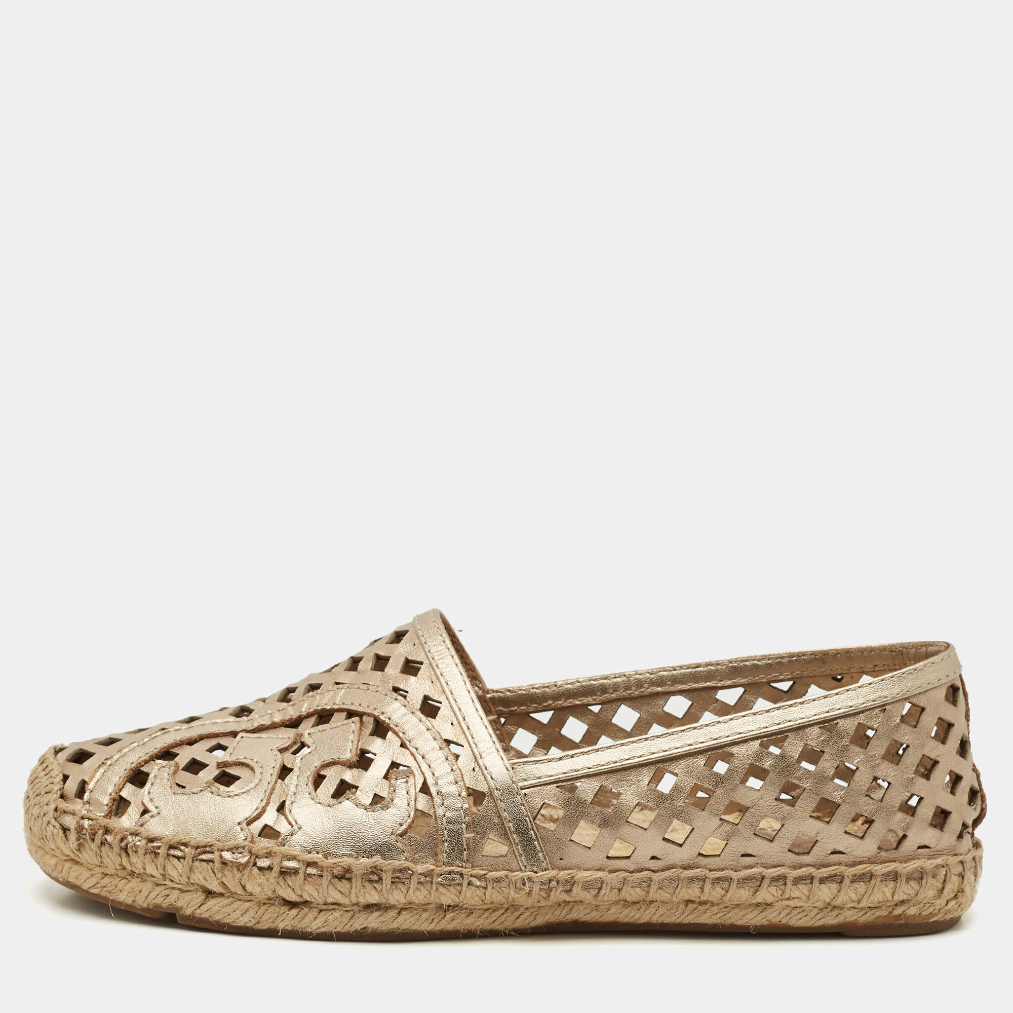 Pre Owned Tory Burch Gold Perforated Leather Espadrille Flats Size 36.5