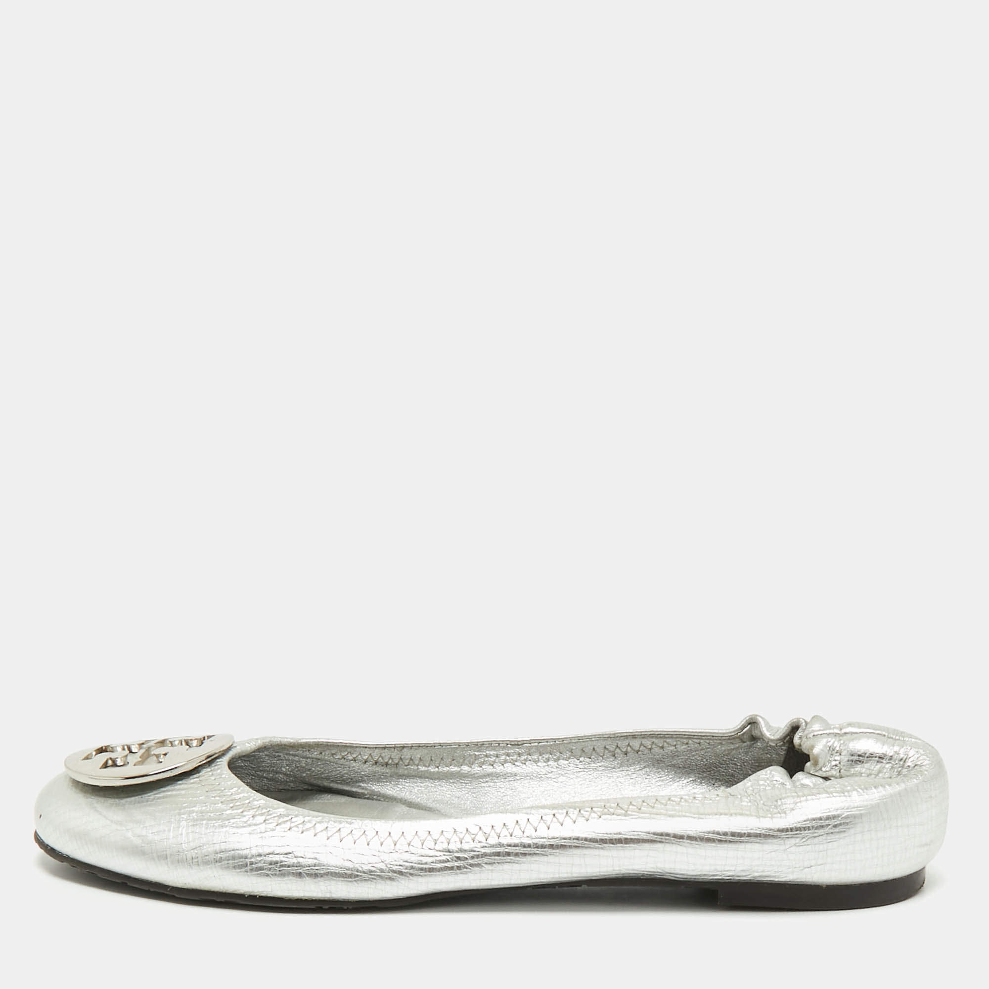 Tory Burch Metallic Silver Leather Reva Scrunch Ballet Flats Size 41