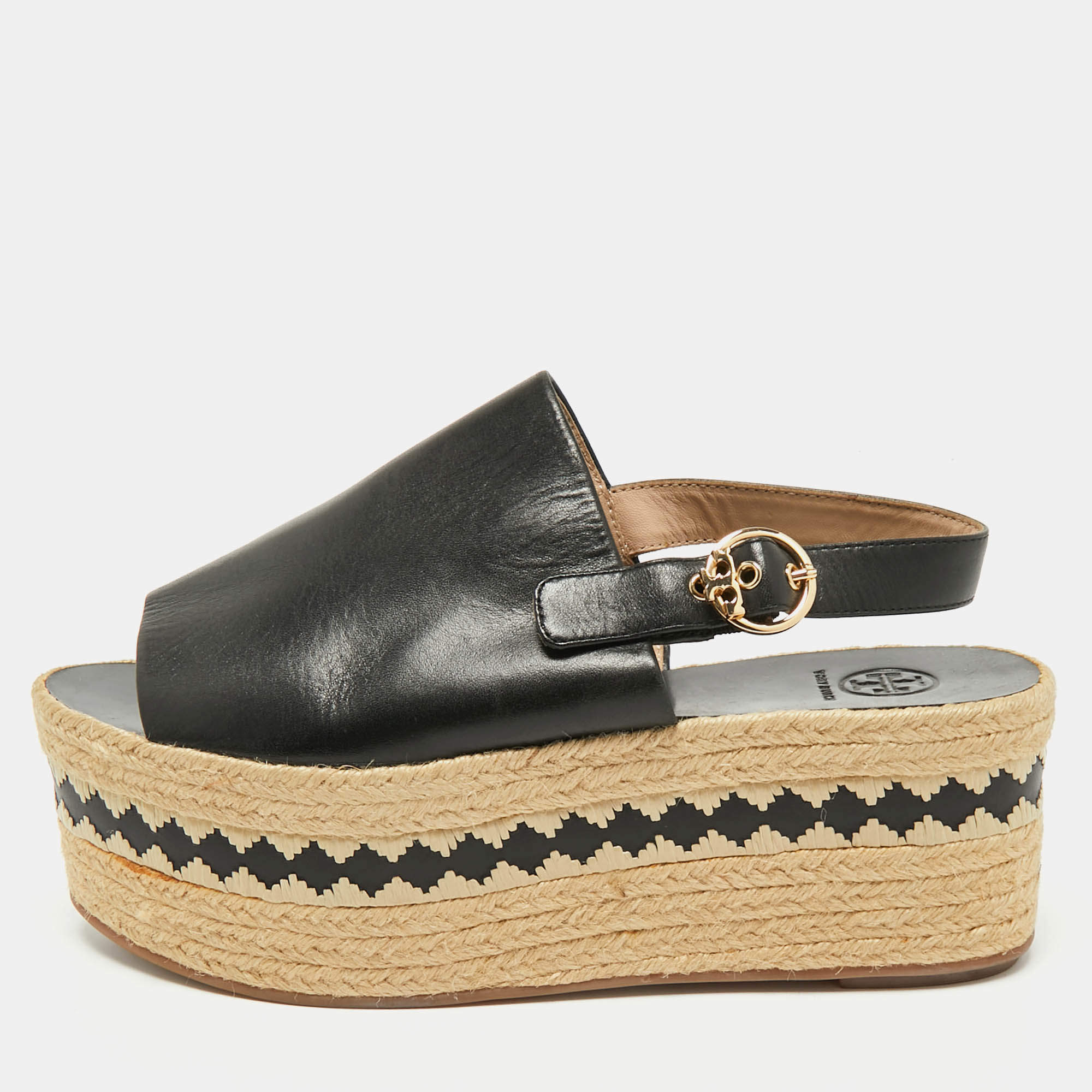 Tory Burch Black Leather Wedge Espadrille Sandals Size 40