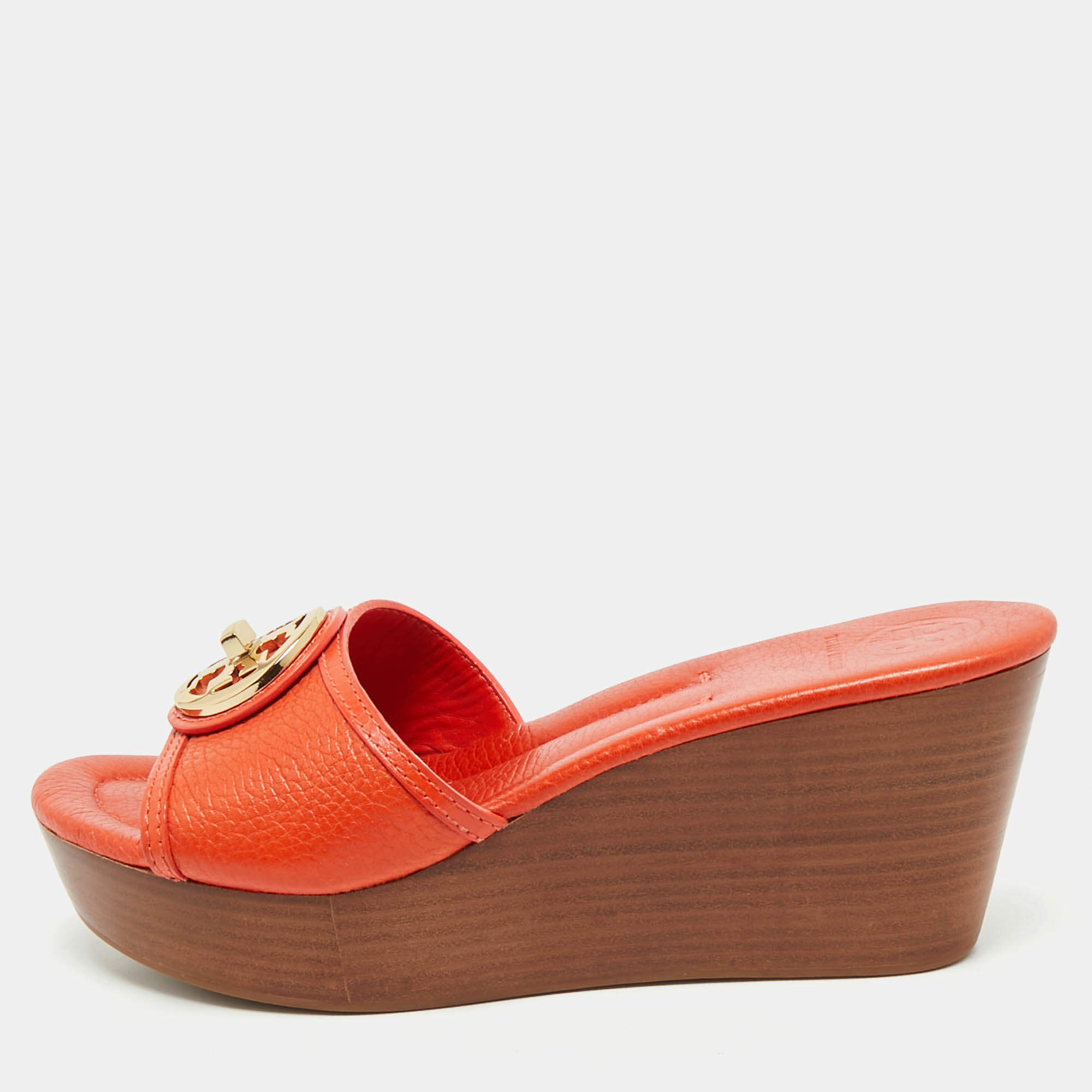 Tory Burch Orange Leather Patty Wedge Slide Sandals Size 38.5