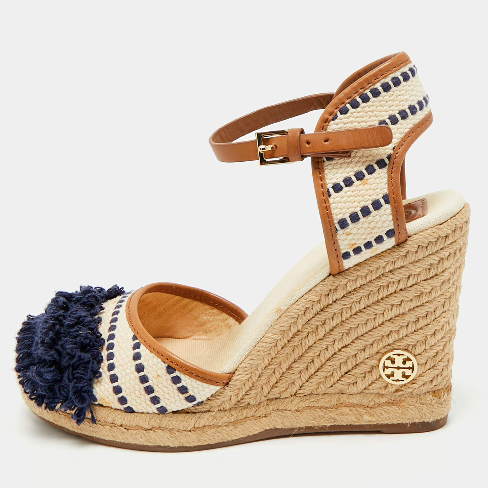 Tory Burch Multicolor Canvas And Leather Trim Wedge Espadrille Sandals Size 38