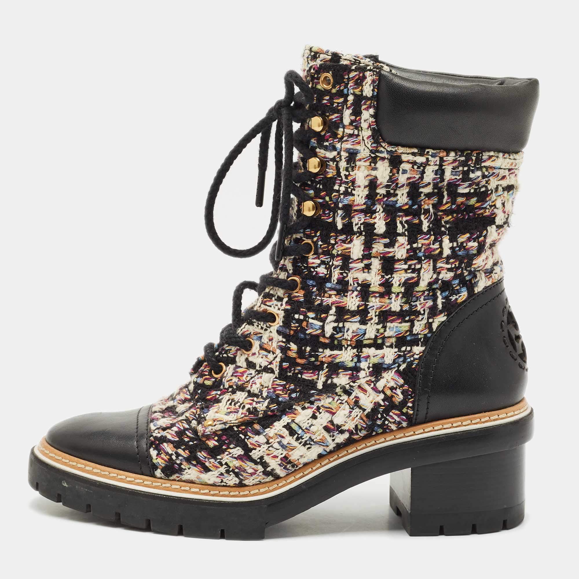 Pre Owned Tory Burch Multicolor Tweed and Leather Miller Lug Sole Combat Boots Size 39