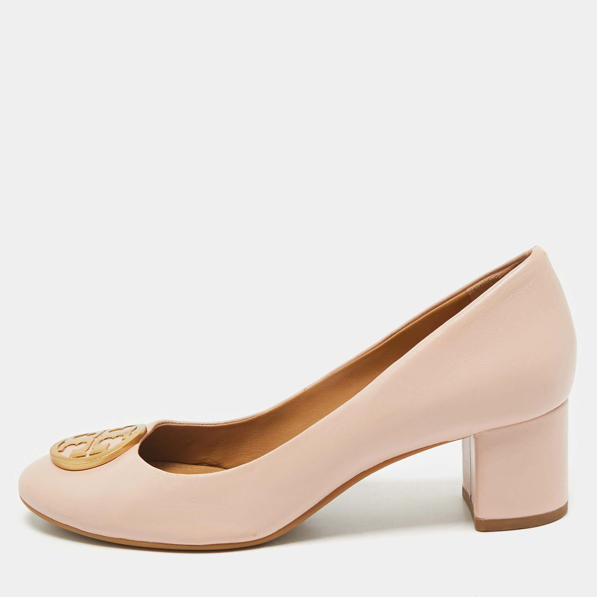 Pre Owned Tory Burch Brush Pink Leather Round Toe Janey Pumps Size 38