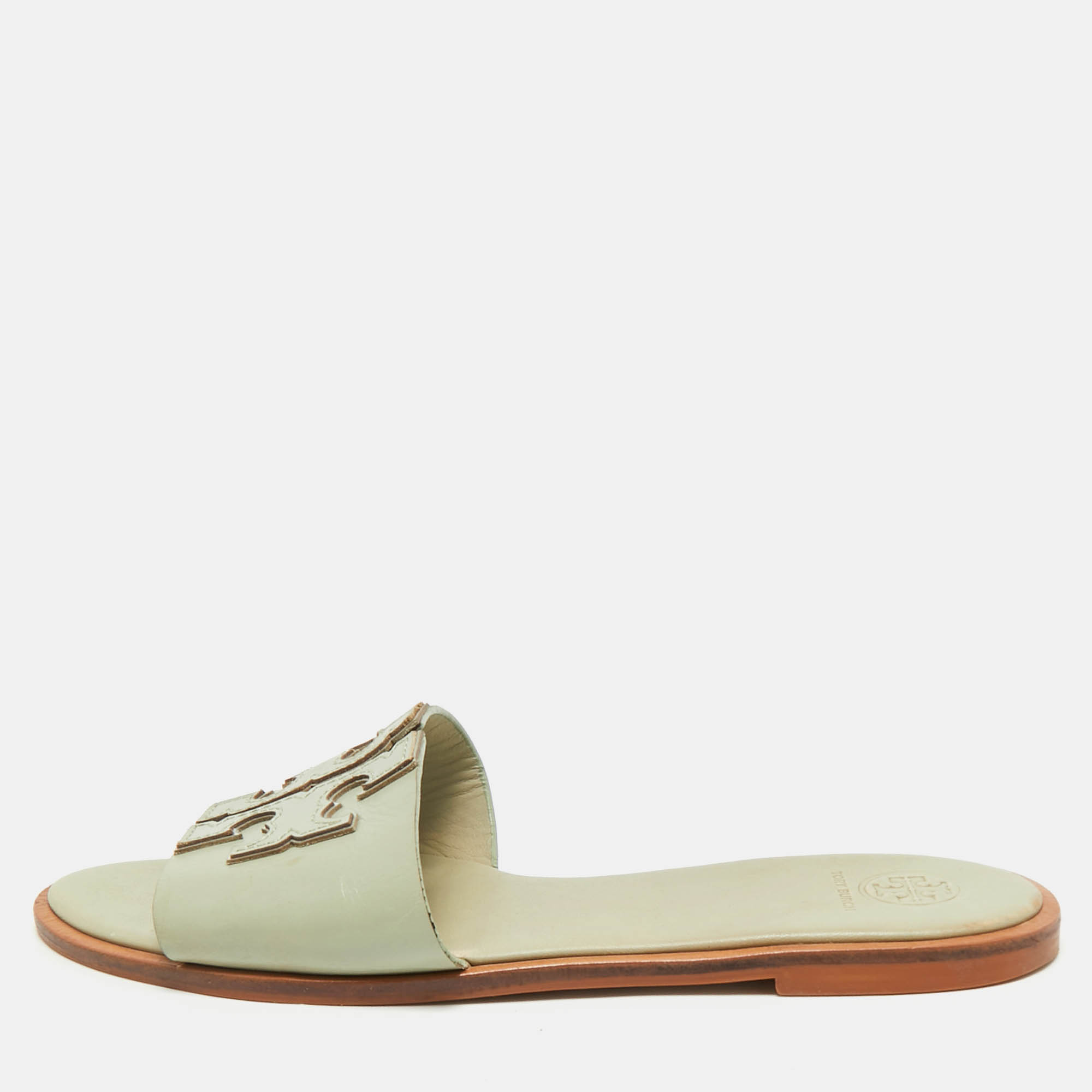 Pre Owned Tory Burch Mint Green Leather Ines Flat Slides Size 39