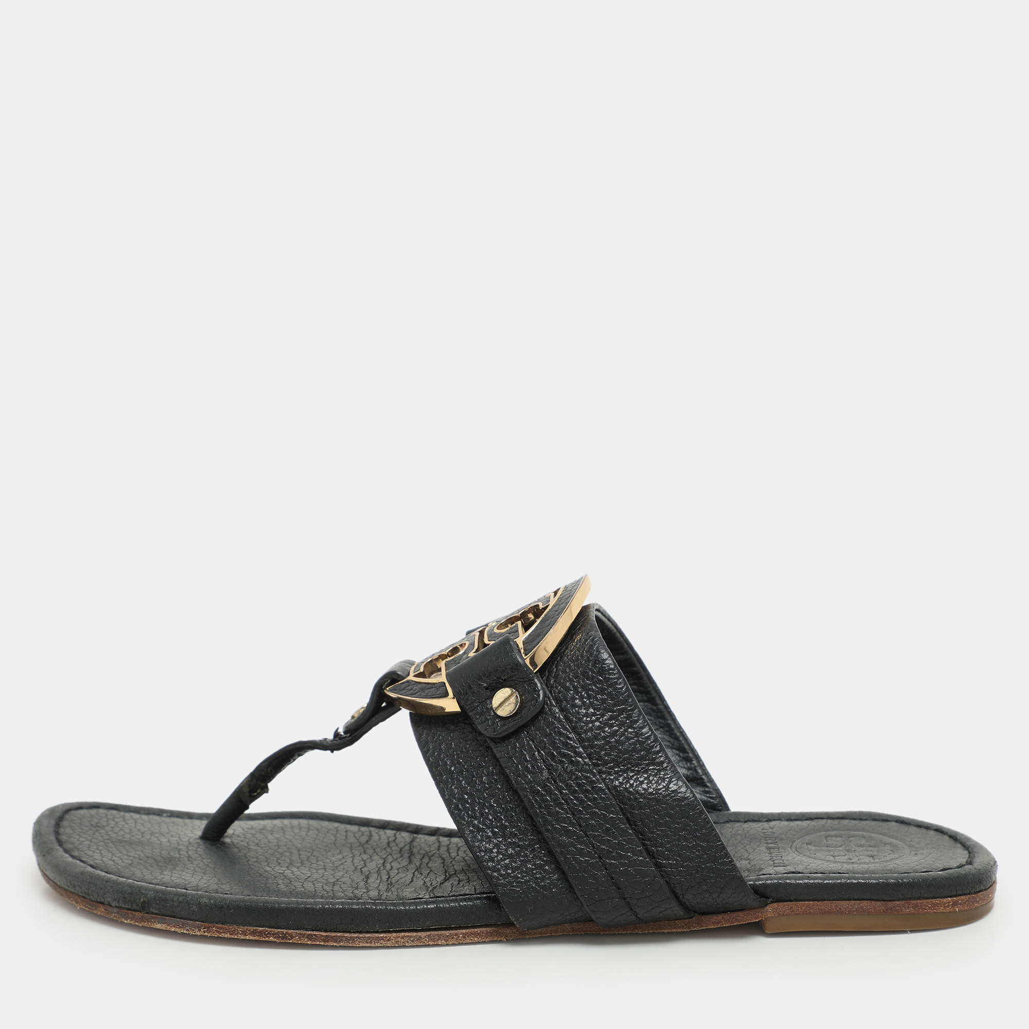 Pre Owned Tory Burch Black Leather Amanda Thong Flat Sandals Size 38