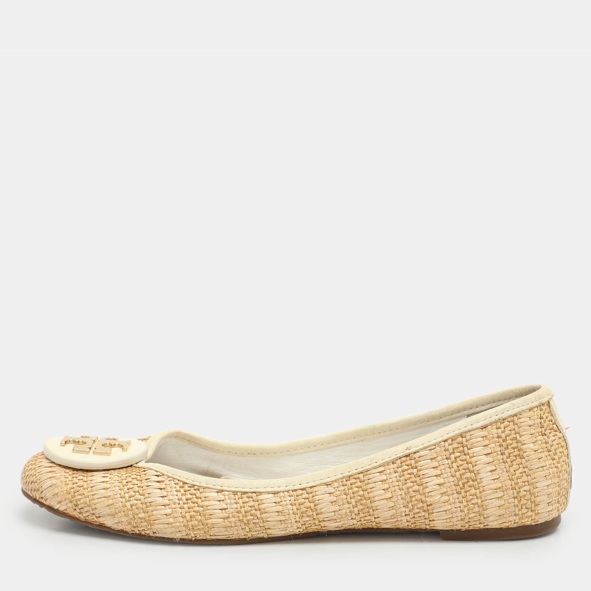 Pre Owned Tory Burch Beige/Cream Raffia and Leather Reva Ballet Flats Size 38