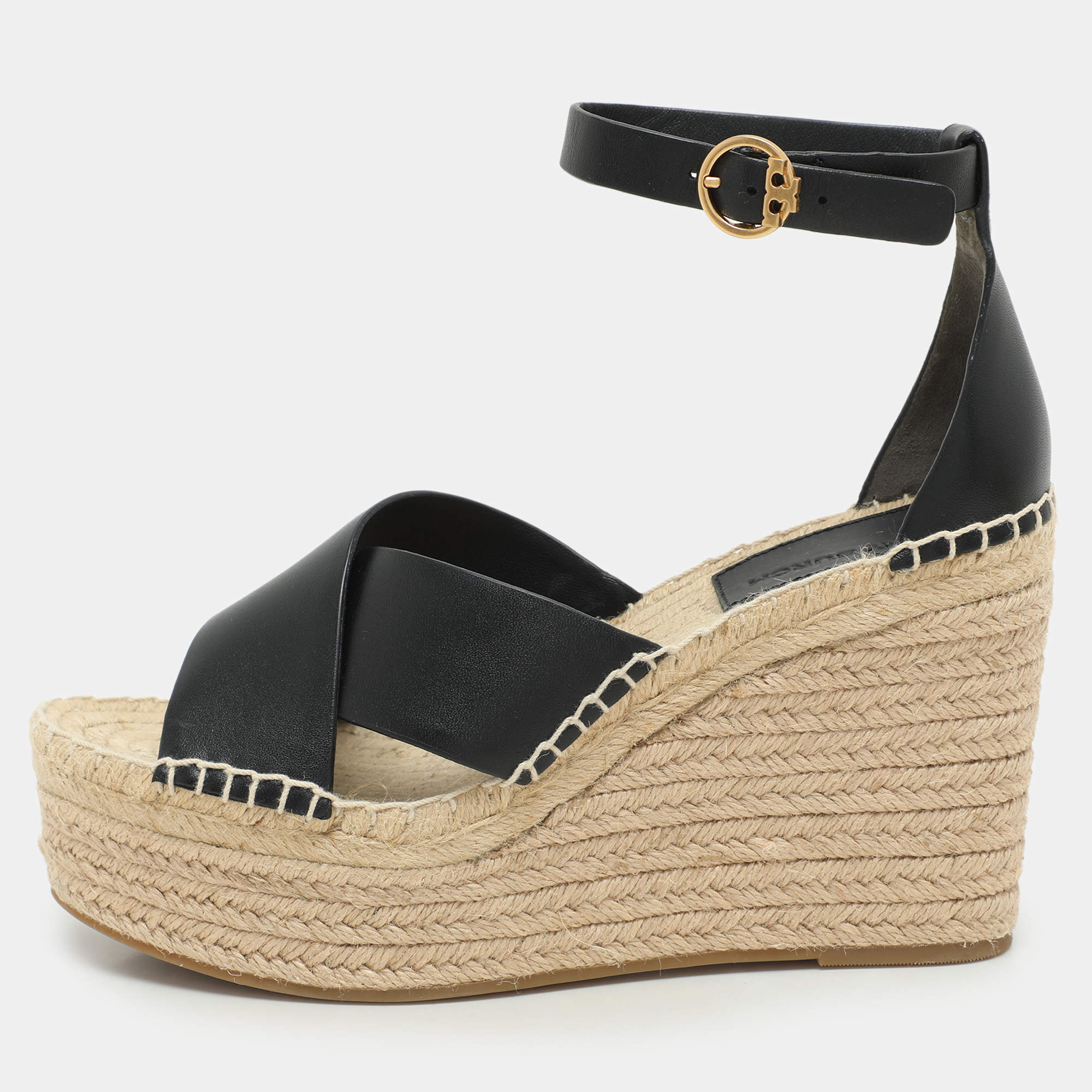 Pre Owned Tory Burch Black Leather Cross Strap Wedge Espadrille Sandals Size 38