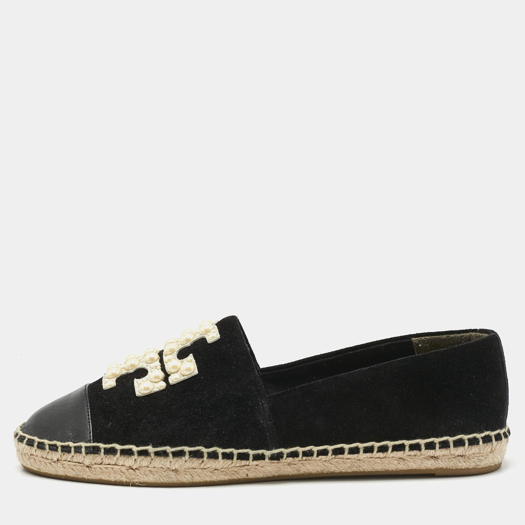 Pre Owned Tory Burch Black Leather and Suede Slip On Espadrille Flats Size 37