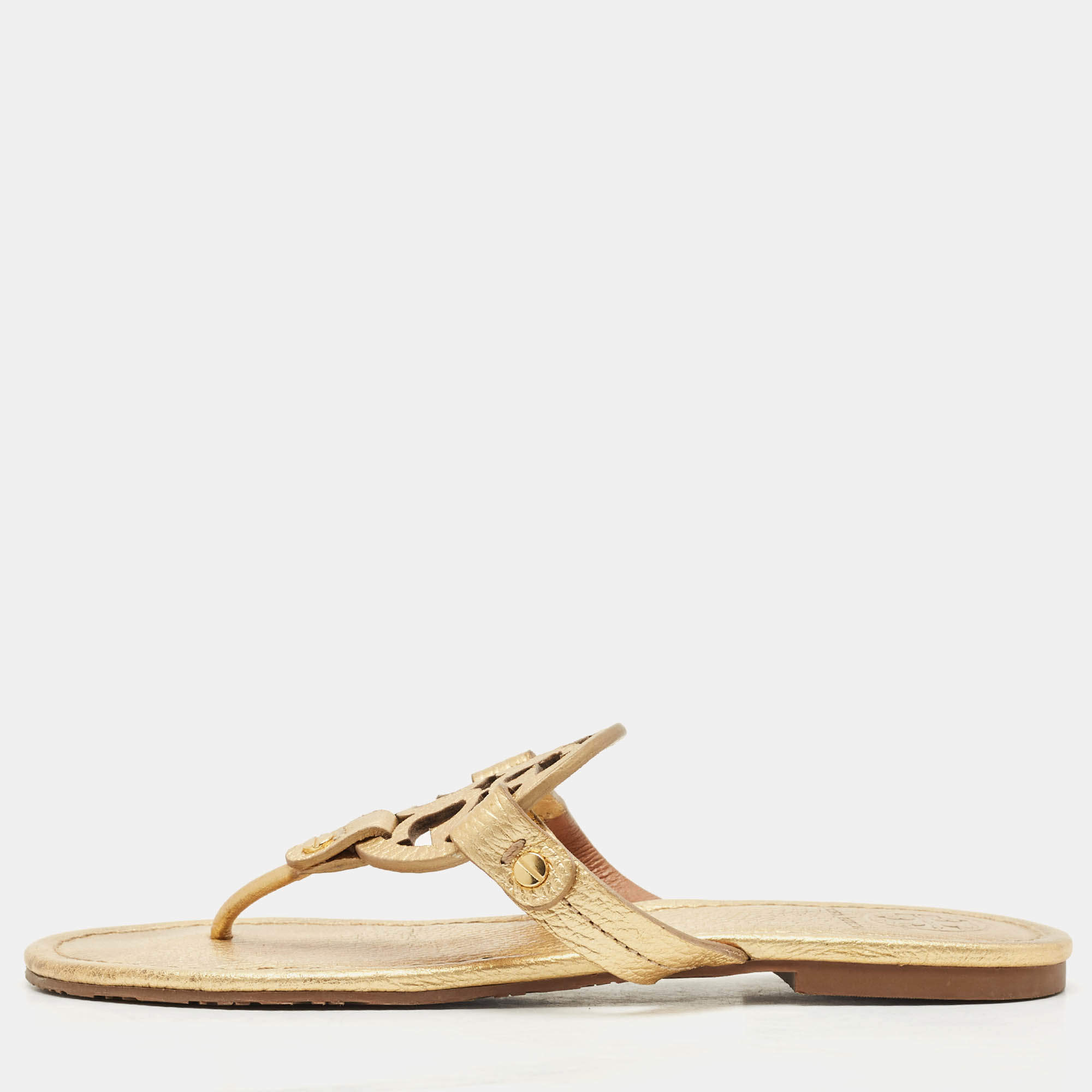 Pre Owned Tory Burch Metallic Gold Leather Miller Flat Thong Sandals Size 37