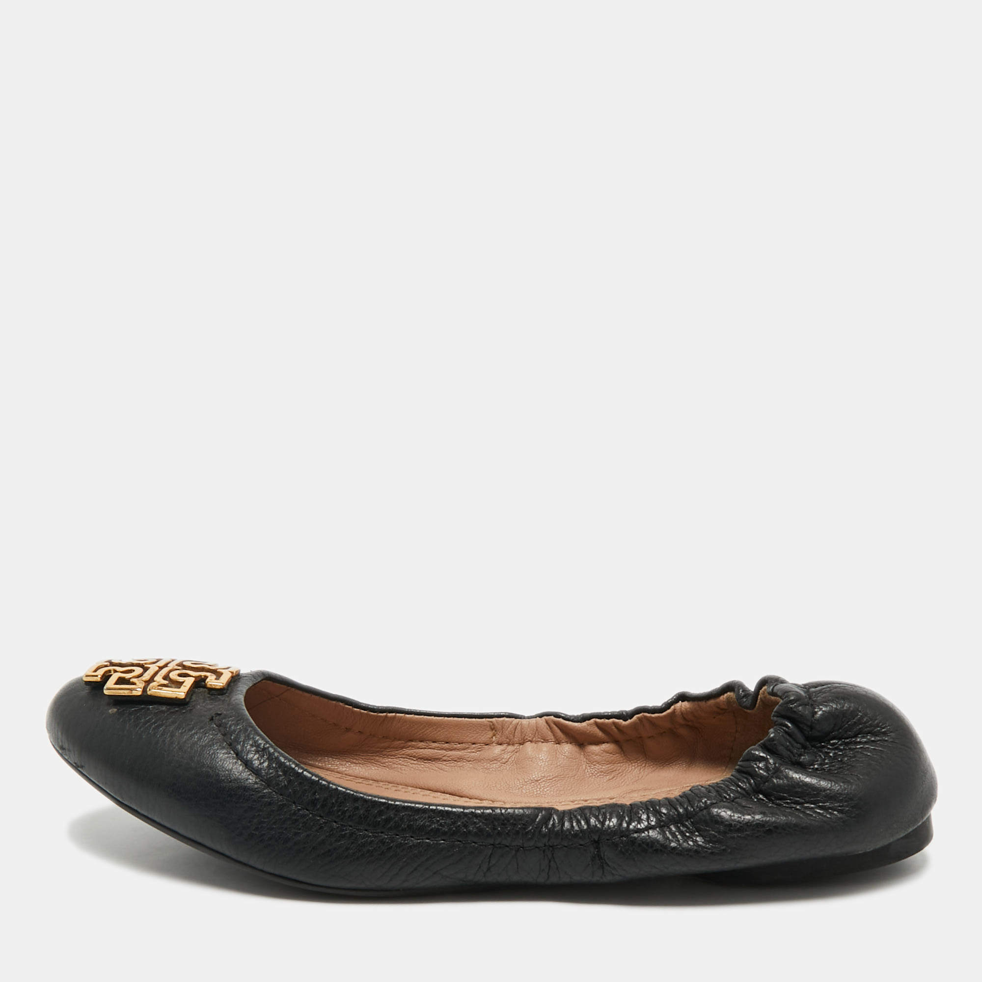 Pre Owned Tory Burch Black Leather Melinda Scrunch Ballet Flats Size 36