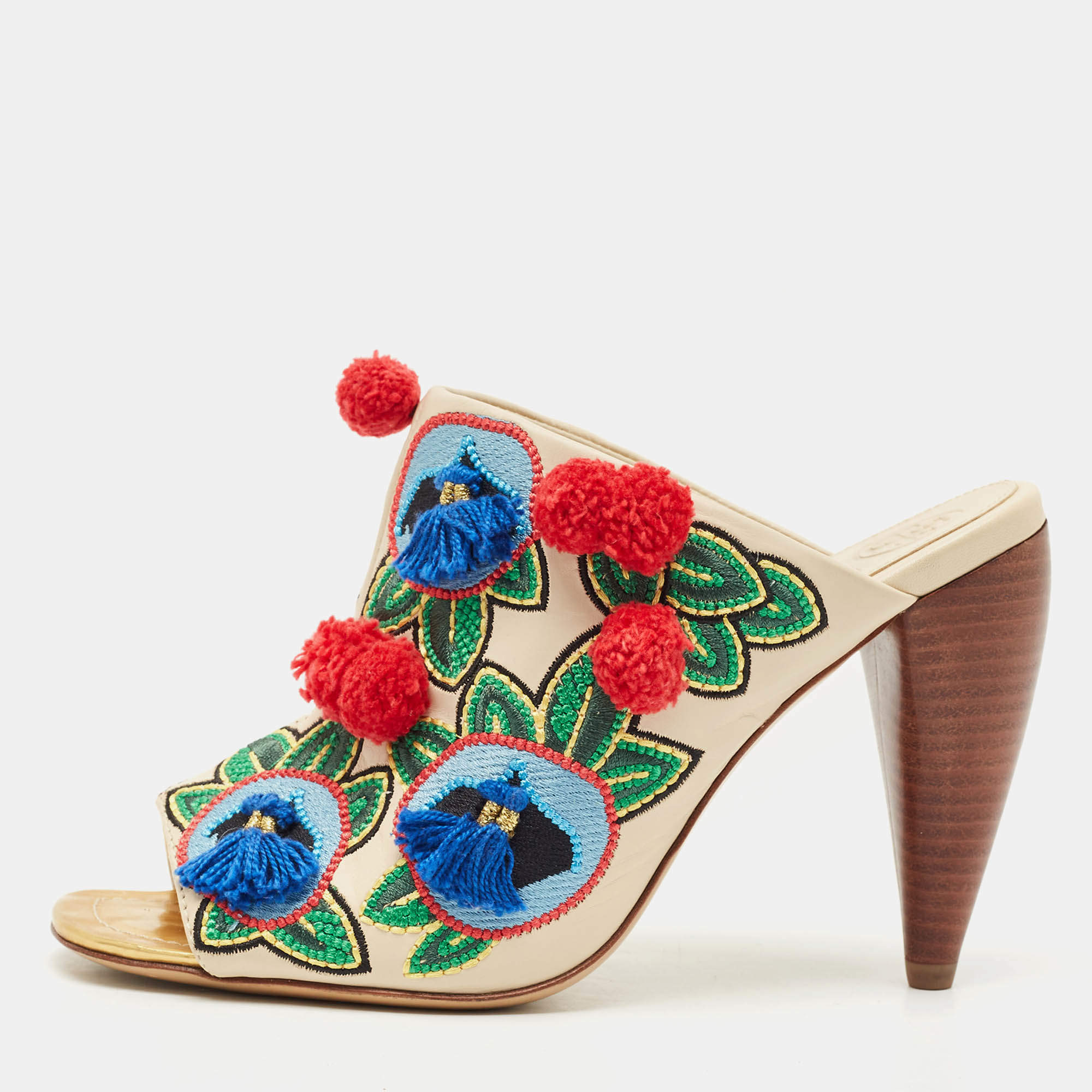 Pre Owned Tory Burch Multicolor Leather and Embroidered Fabric Pom Pom Open Toe Mules Size 38