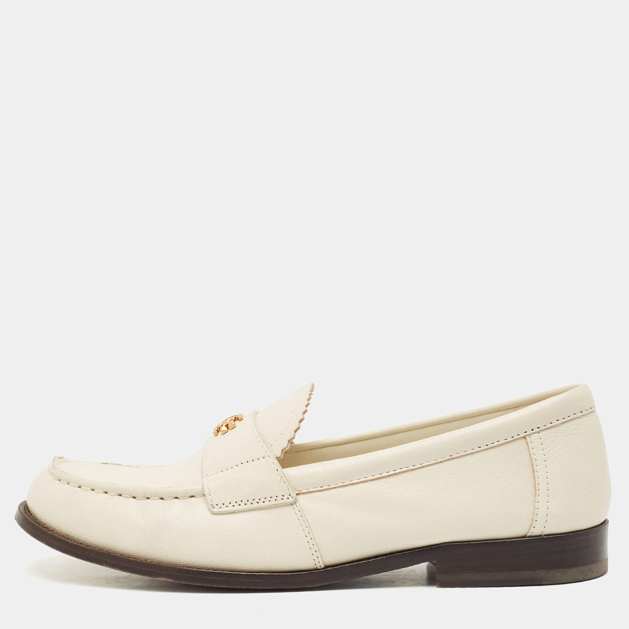 Pre Owned Tory Burch White Leather Classic Loafers Size 37