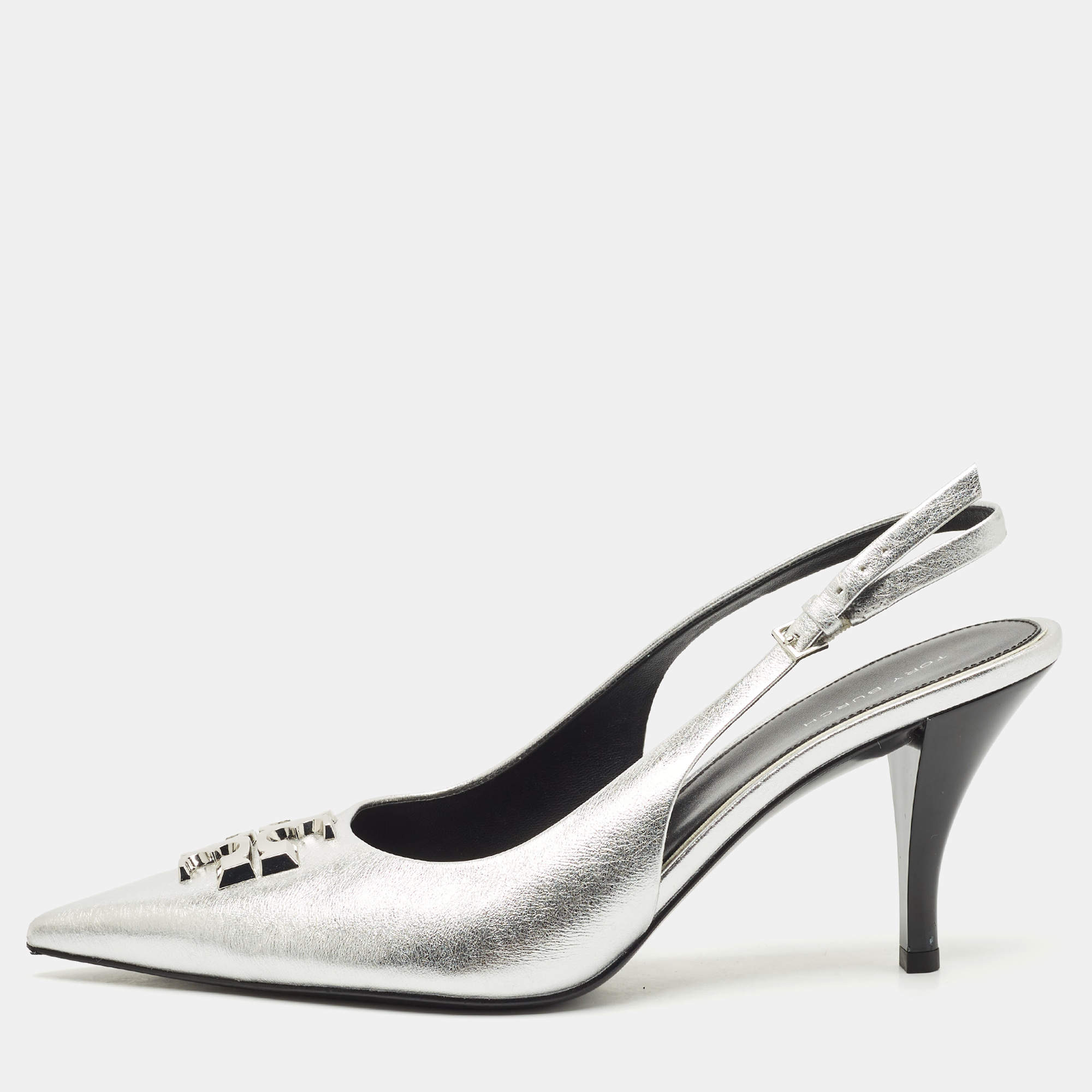 Pre Owned Tory Burch Metallic Silver Leather Eleanor Pointed Toe Slingback Pumps Size 39