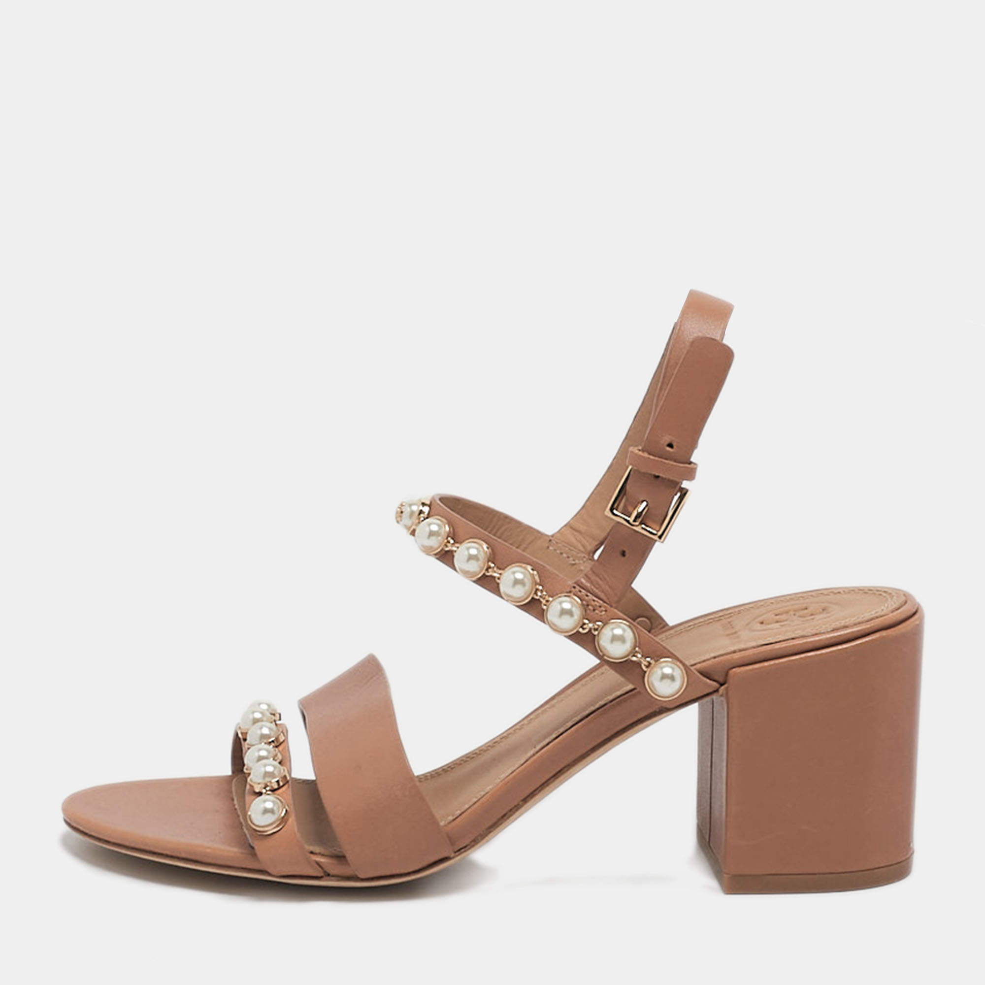 Pre Owned Tory Burch Brown Leather Emmy Pearl Ankle Strap Sandals Size 37