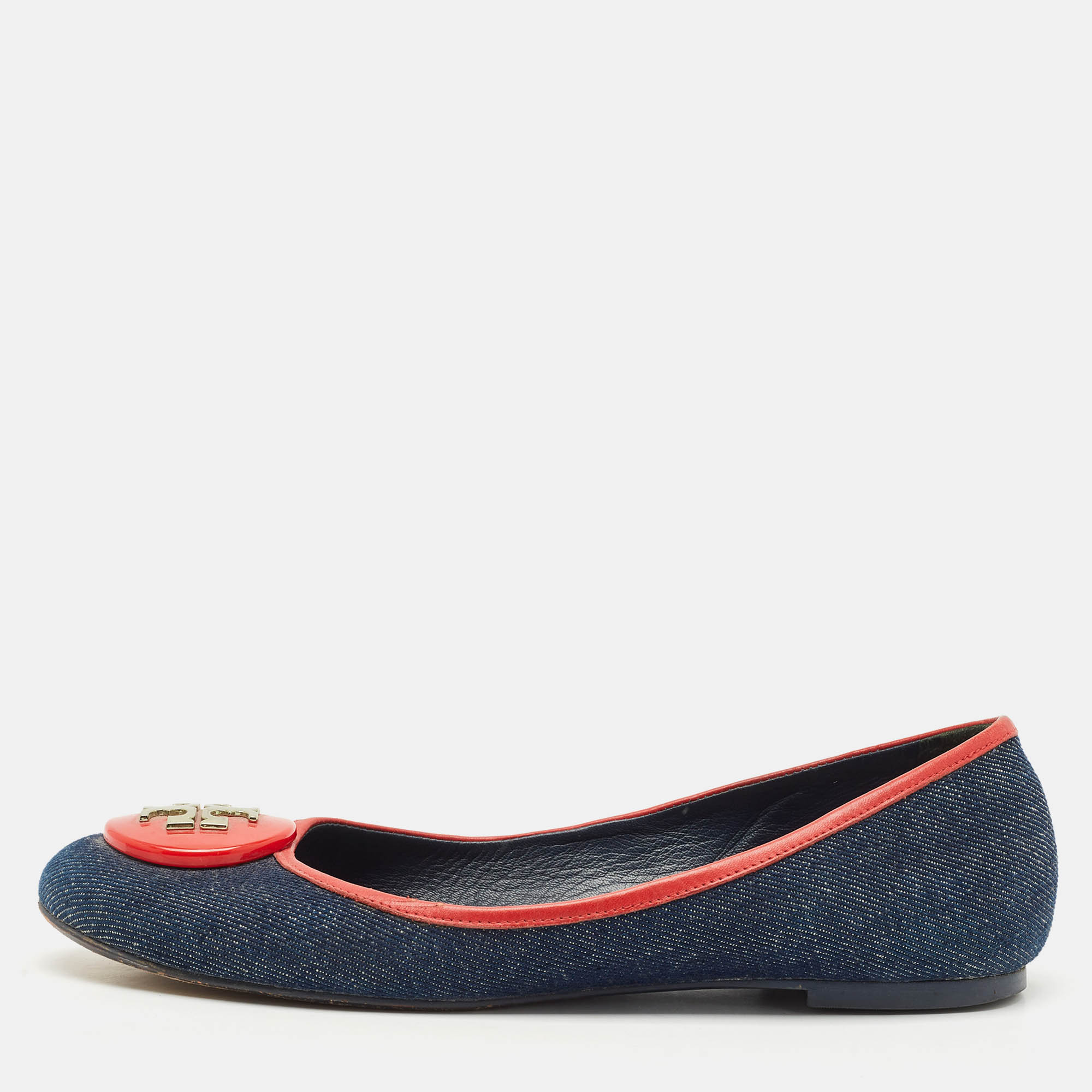 Pre Owned Tory Burch Blue/Red Denim and Leather Reva Ballet Flats Size 38.5