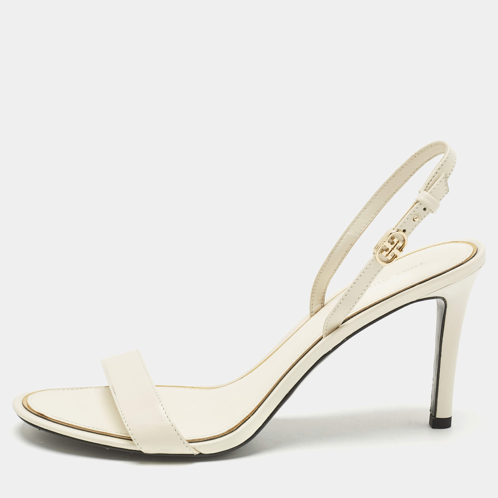 Pre Owned Tory Burch Cream Leather Ankle Strap Sandals Size 38.5