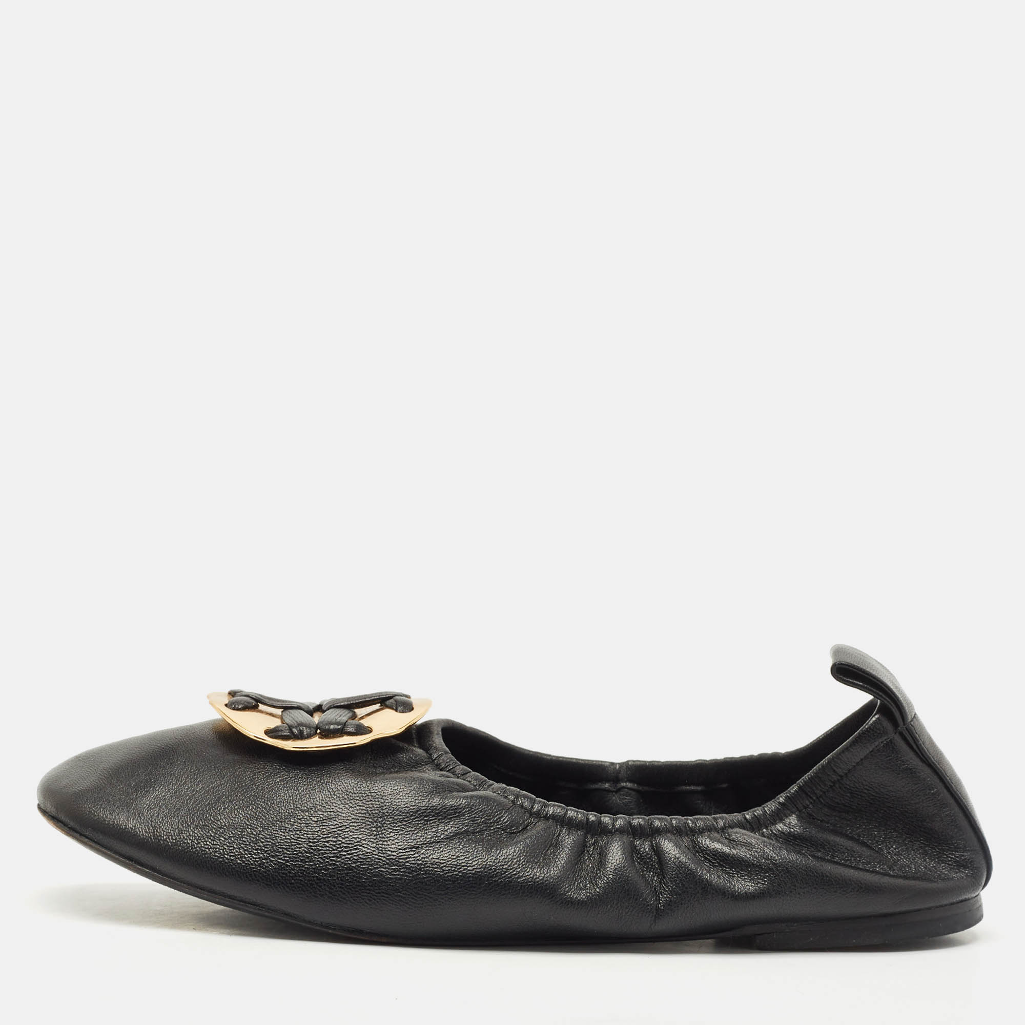 Pre Owned Tory Burch Black Leather Melinda Scrunch Ballet Flats Size 38.5
