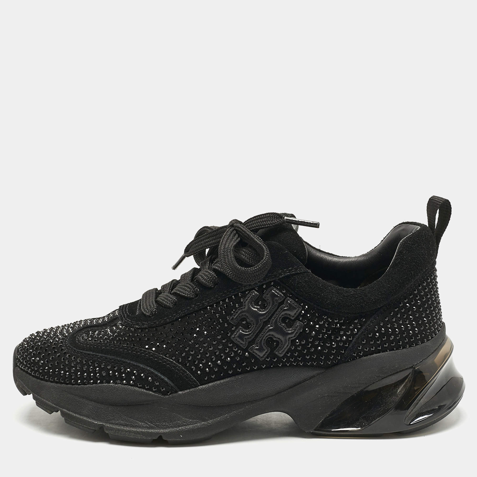 Pre Owned Tory Burch Black Suede Crystal Embellished Sneakers Size 38.5