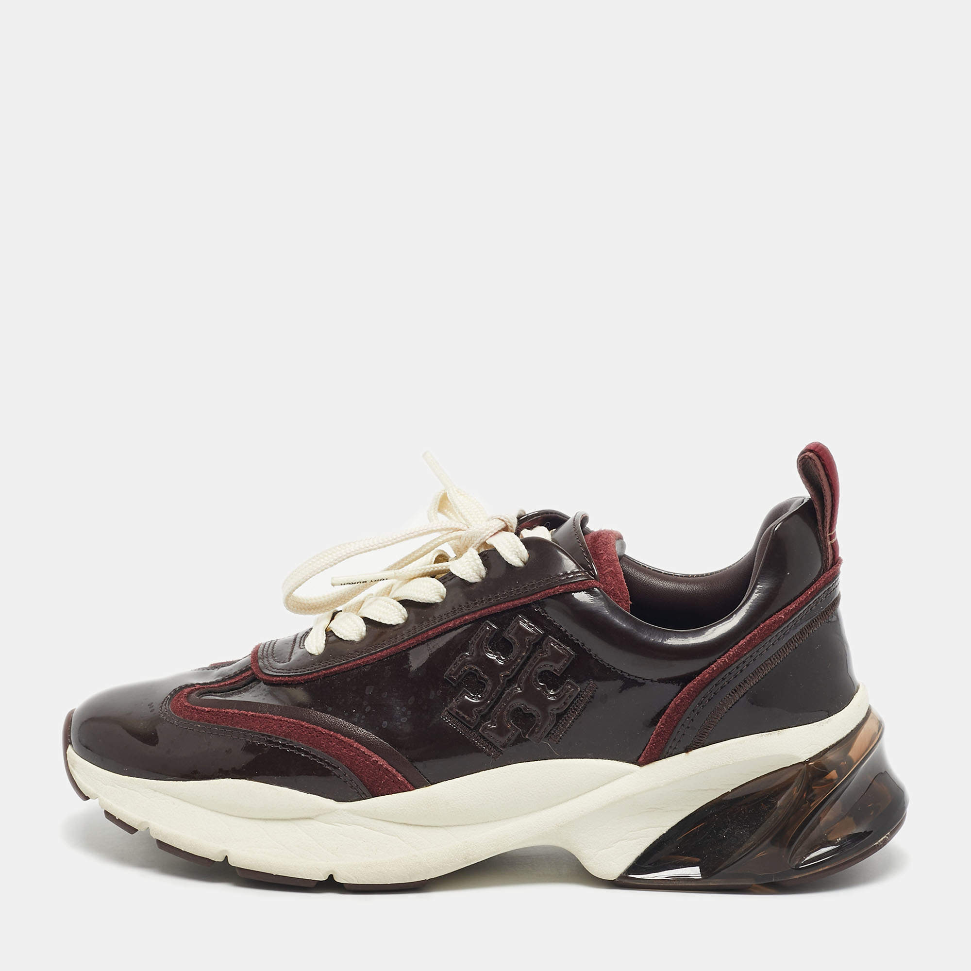 Pre Owned Tory Burch Burgundy Suede and Patent Leather Low Top Sneakers Size 39.5