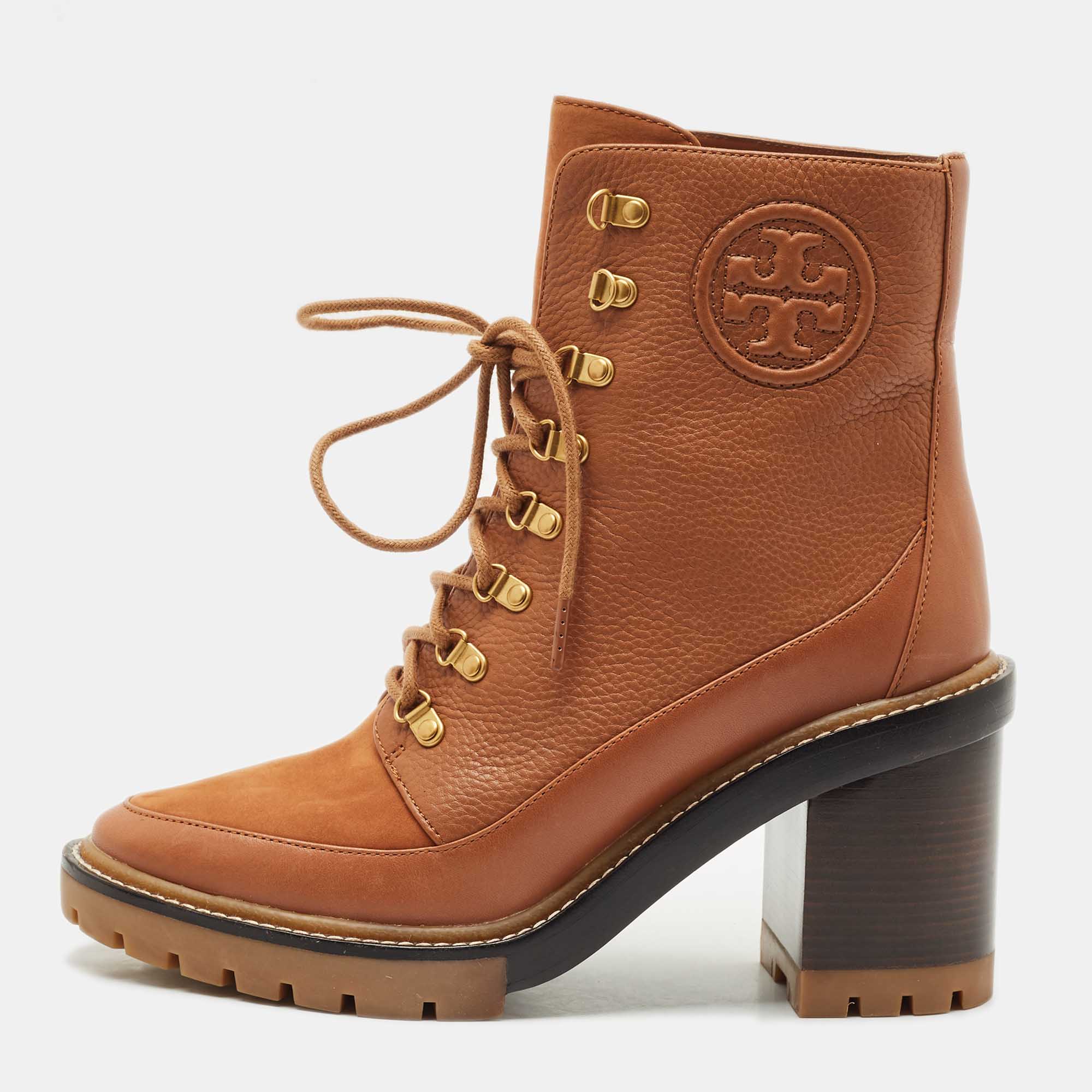 Pre Owned Tory Burch Brown Leather and Nubuck Leather Miller Ankle Length Boots Size 40