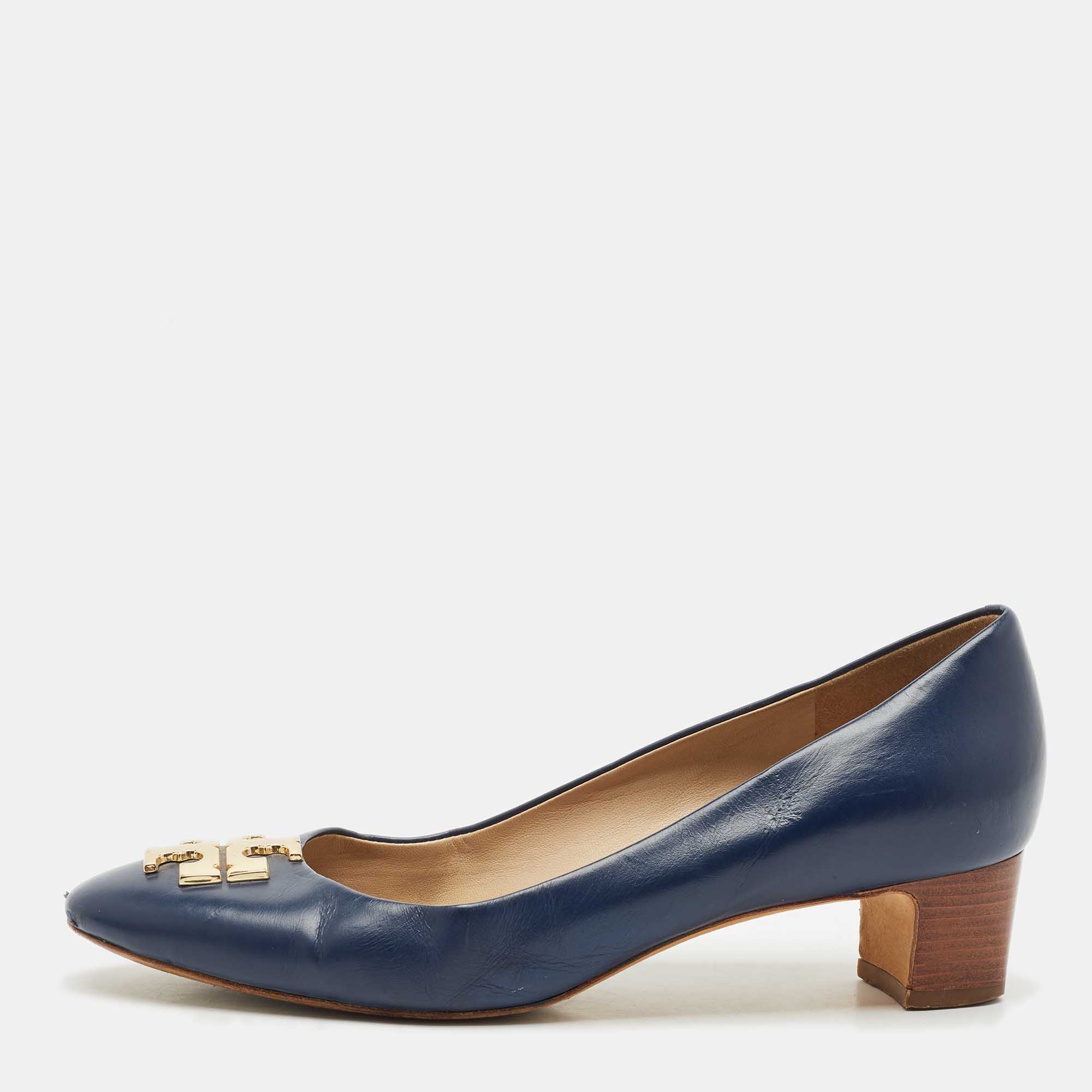 Pre Owned Tory Burch Navy Blue Leather Janey Pumps Size 38