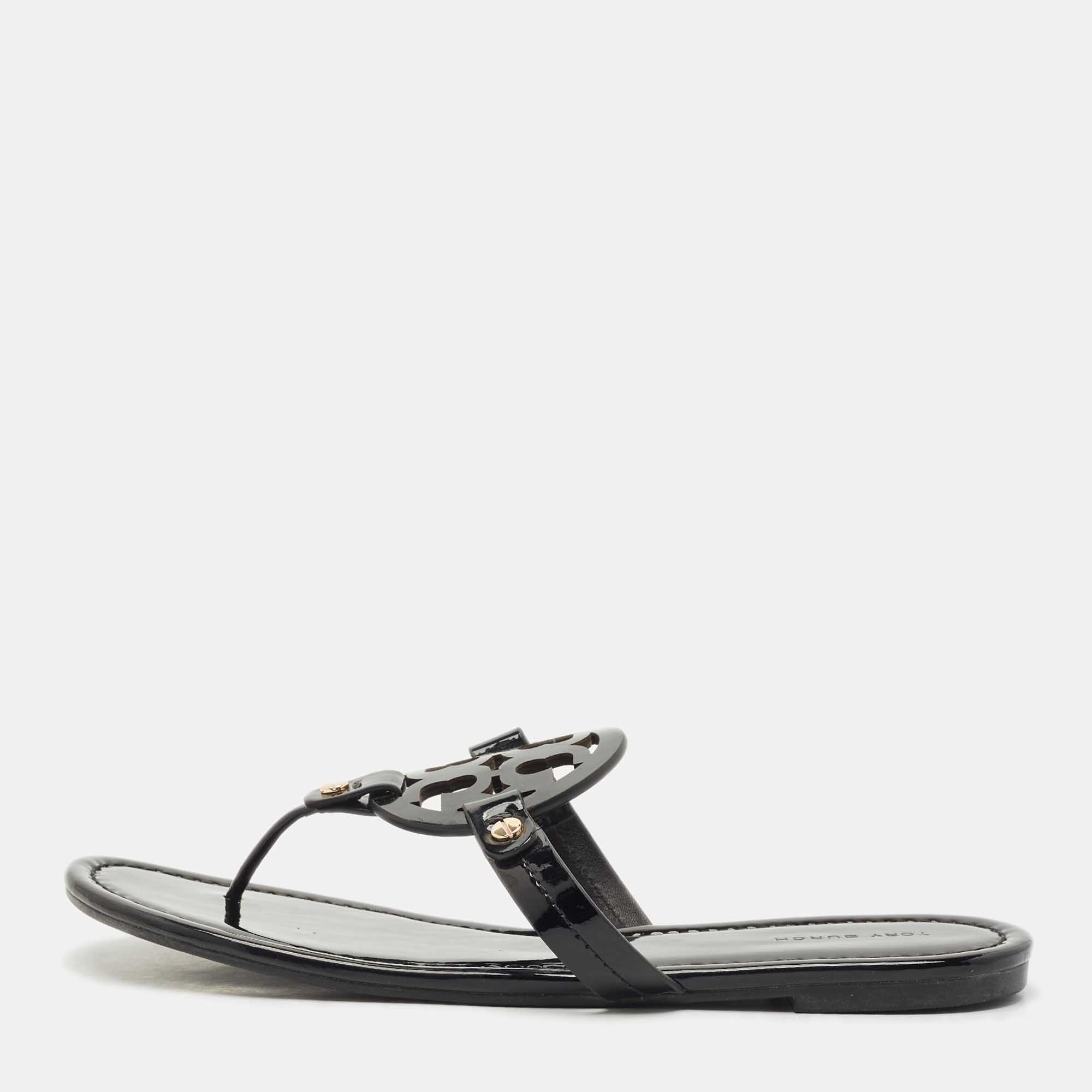 Pre Owned Tory Burch Black Patent Leather Miller Thong Flats Size 39.5