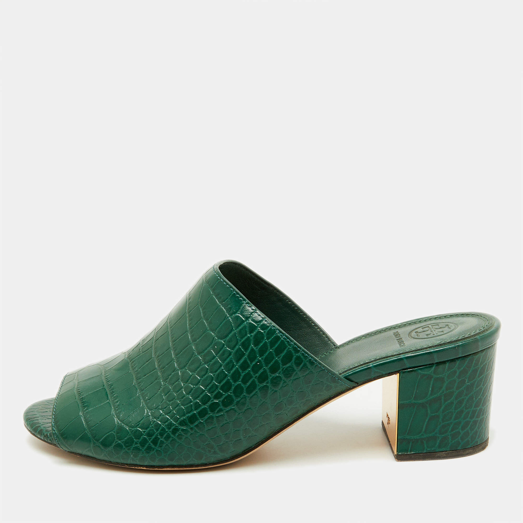Pre Owned Tory Burch Green Croc Embossed Leather Martine Block Heel Slide Sandals Size 39