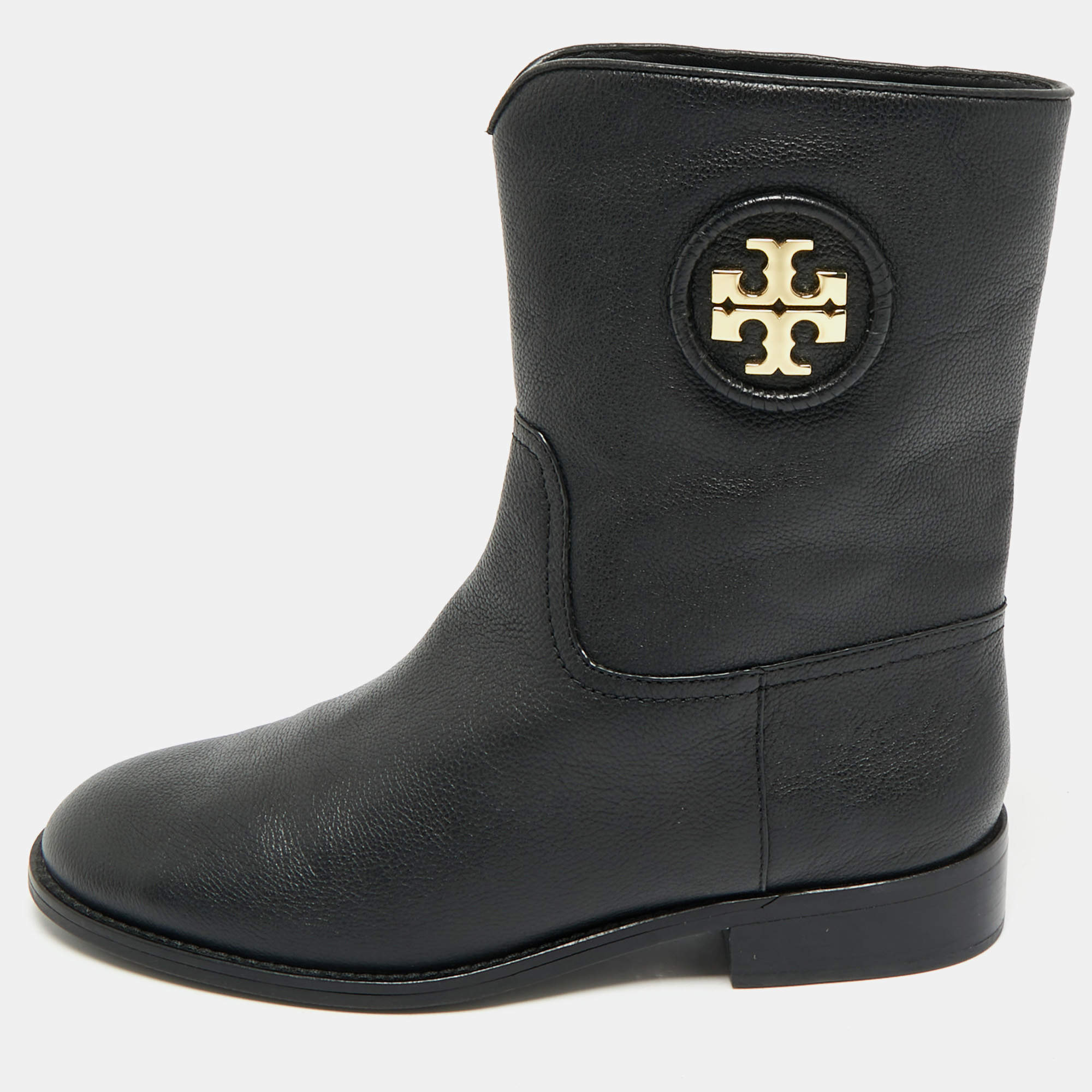 Pre Owned Tory Burch Black Leather Moto Mid Calf Boots Size 38           