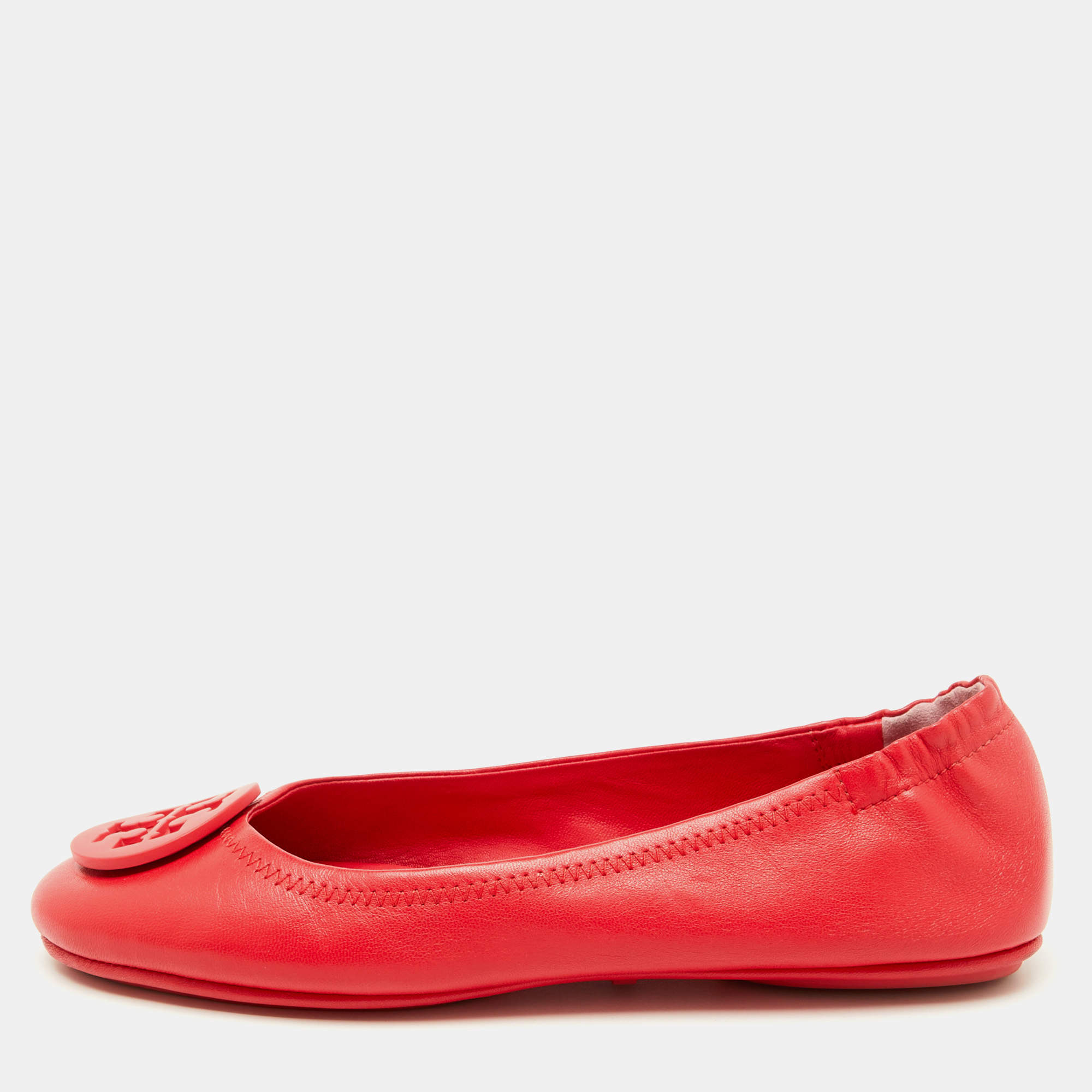 Pre Owned Tory Burch Rose Red Leather Reva Logo Ballet Flats Size 37