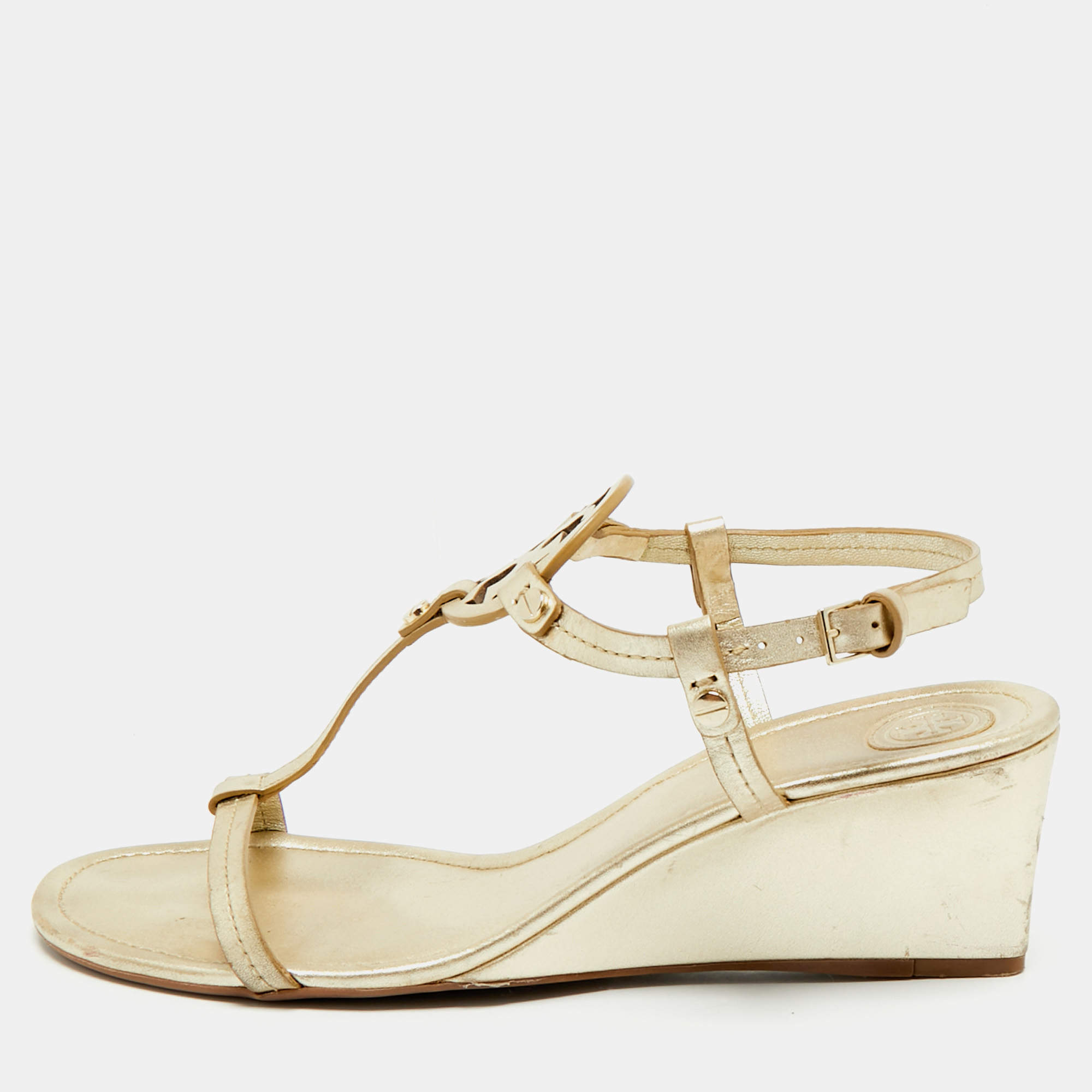 Pre Owned Tory Burch Gold Leather Wedge Sandals Size 39.5