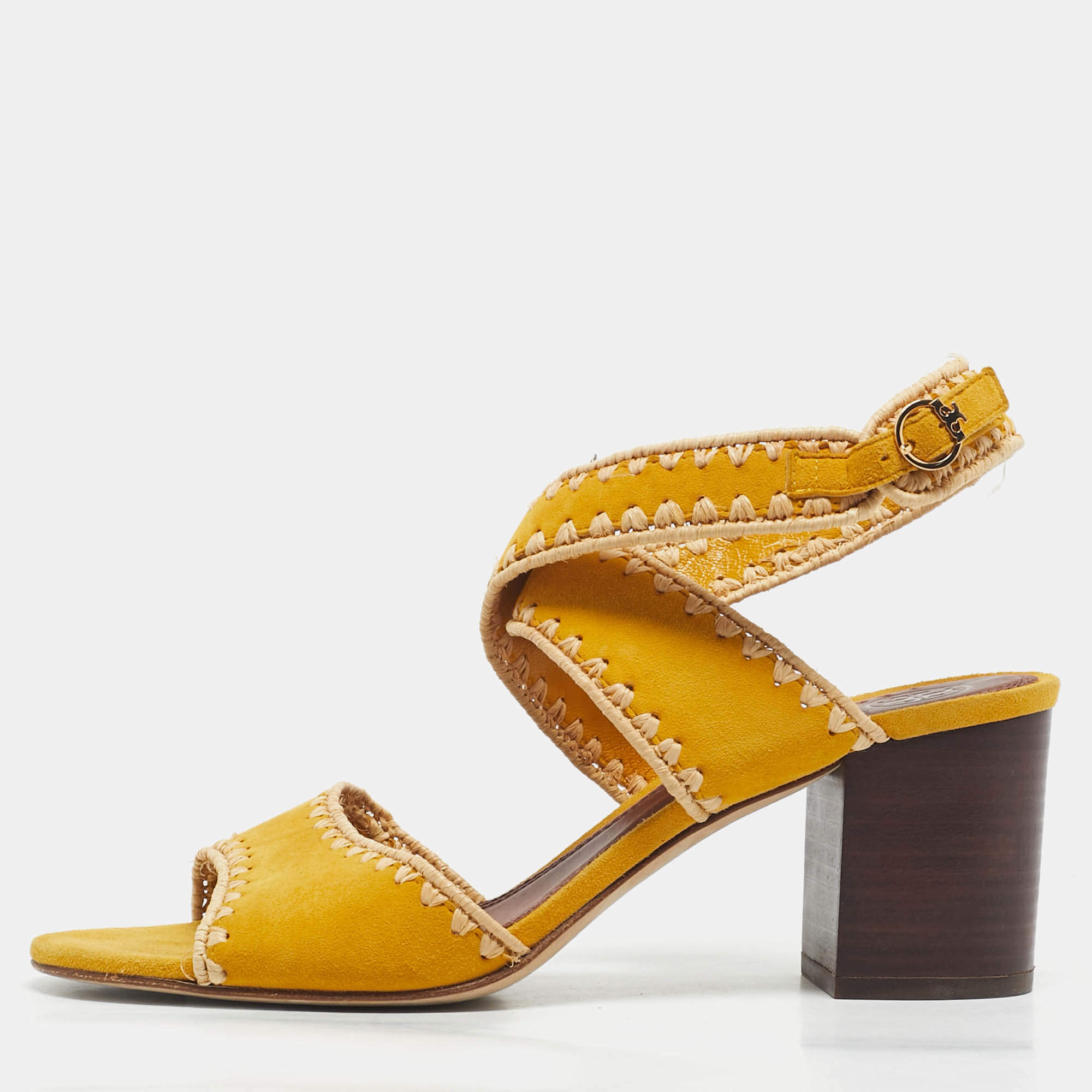 Pre Owned Tory Burch Yellow Raffia and Suede Ankle Strap Sandals Size 40