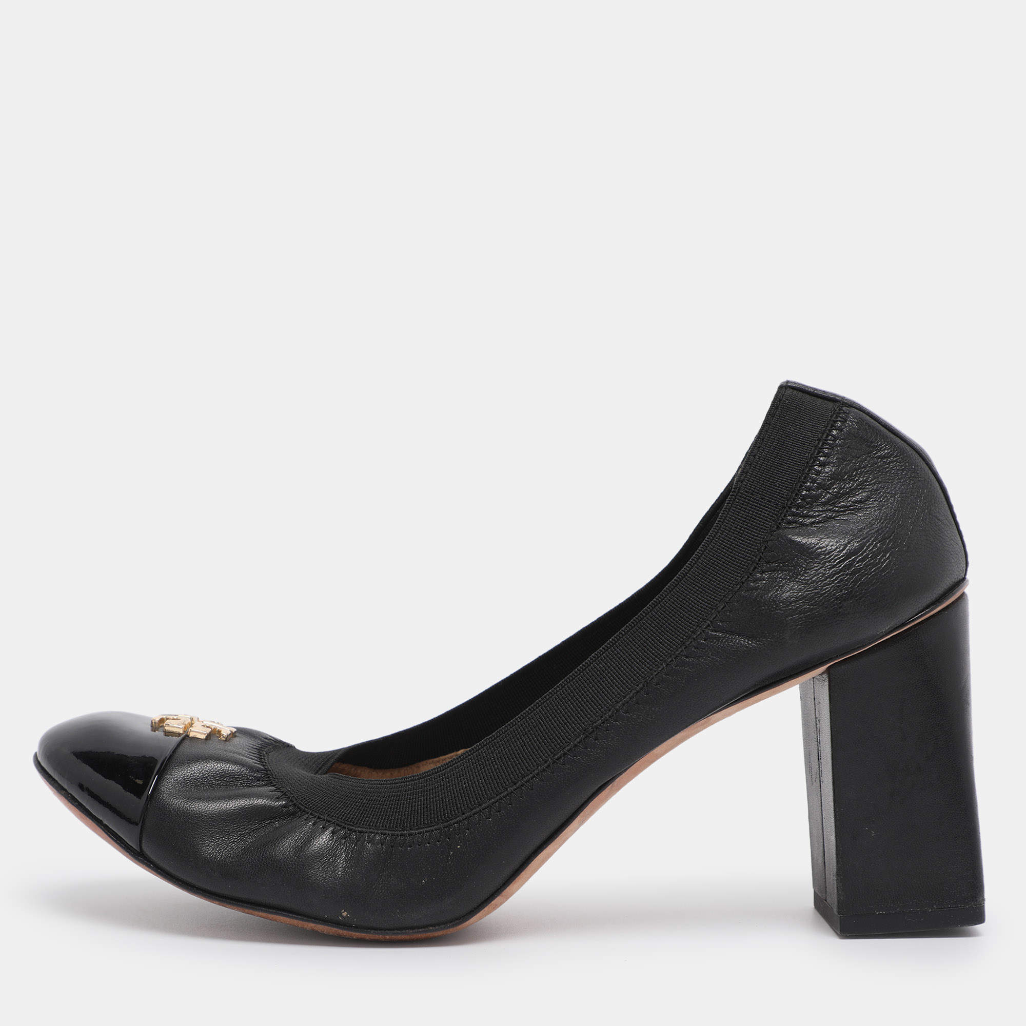 Pre Owned Tory Burch Black Leather Cap Toe Jolie Block Heel Pumps Size 38