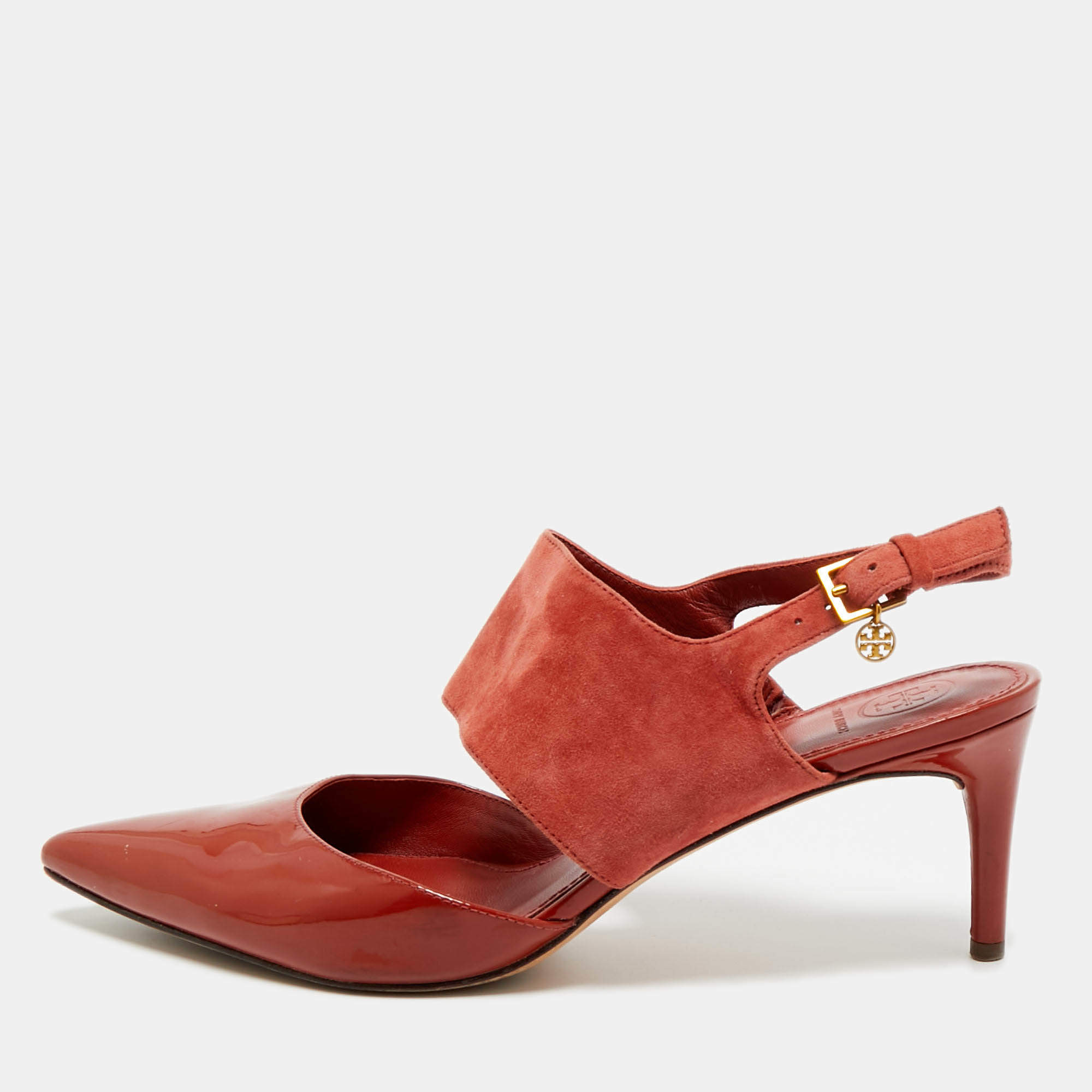 Pre Owned Tory Burch Red Patent Leather and Suede Pointed Toe Slingback Pumps Size 39.5
