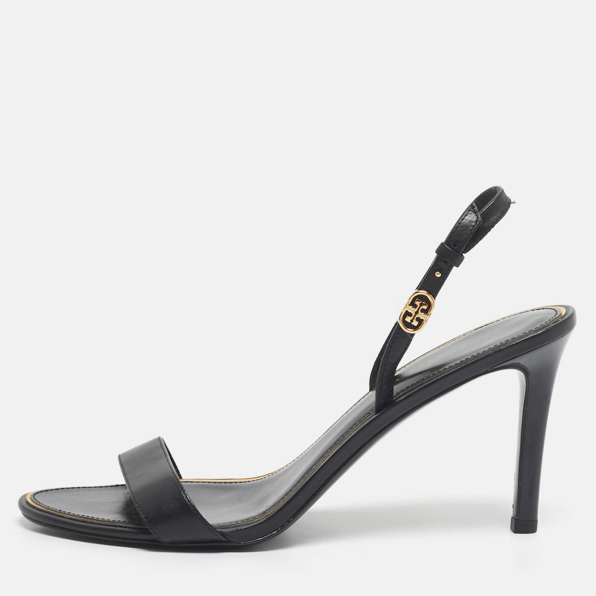 Pre Owned Tory Burch Black Leather Double T Slingback Sandals Size 38.5