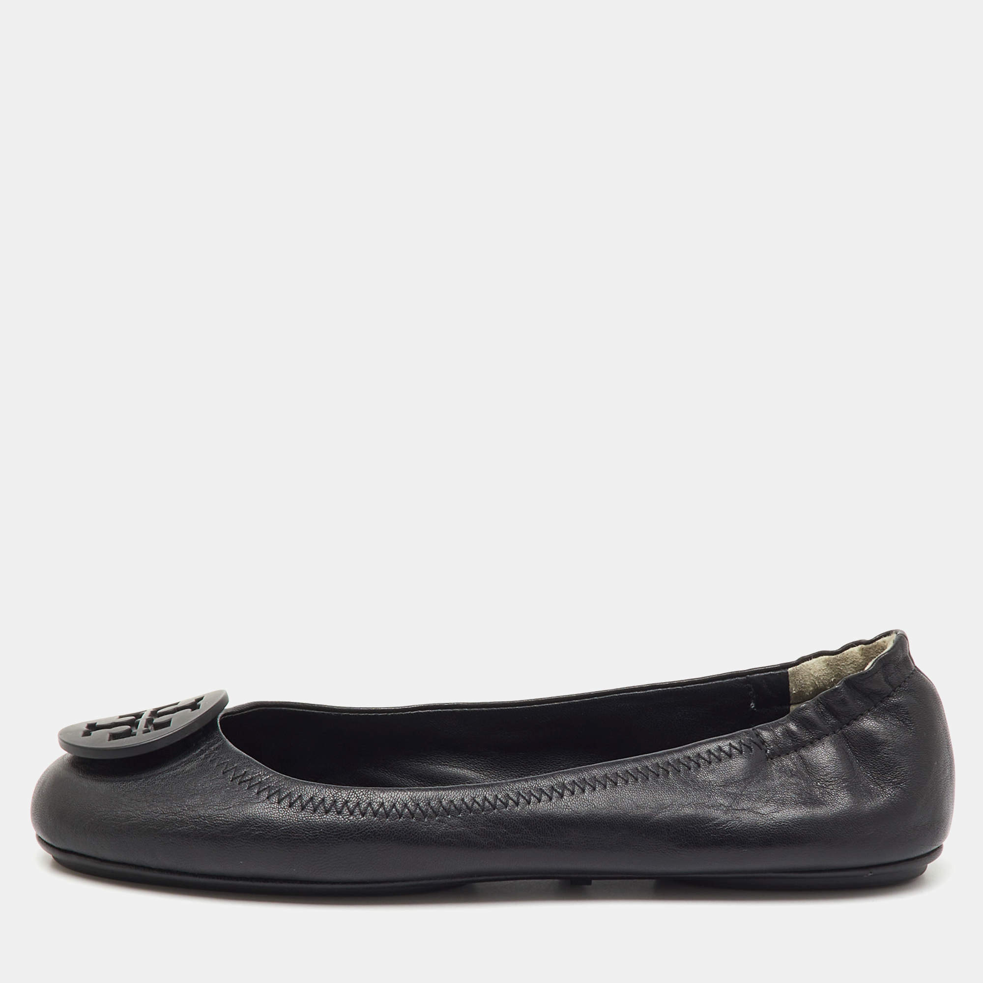 Pre Owned Tory Burch Black Leather Reva Logo Scrunch Ballet Flats Size 38