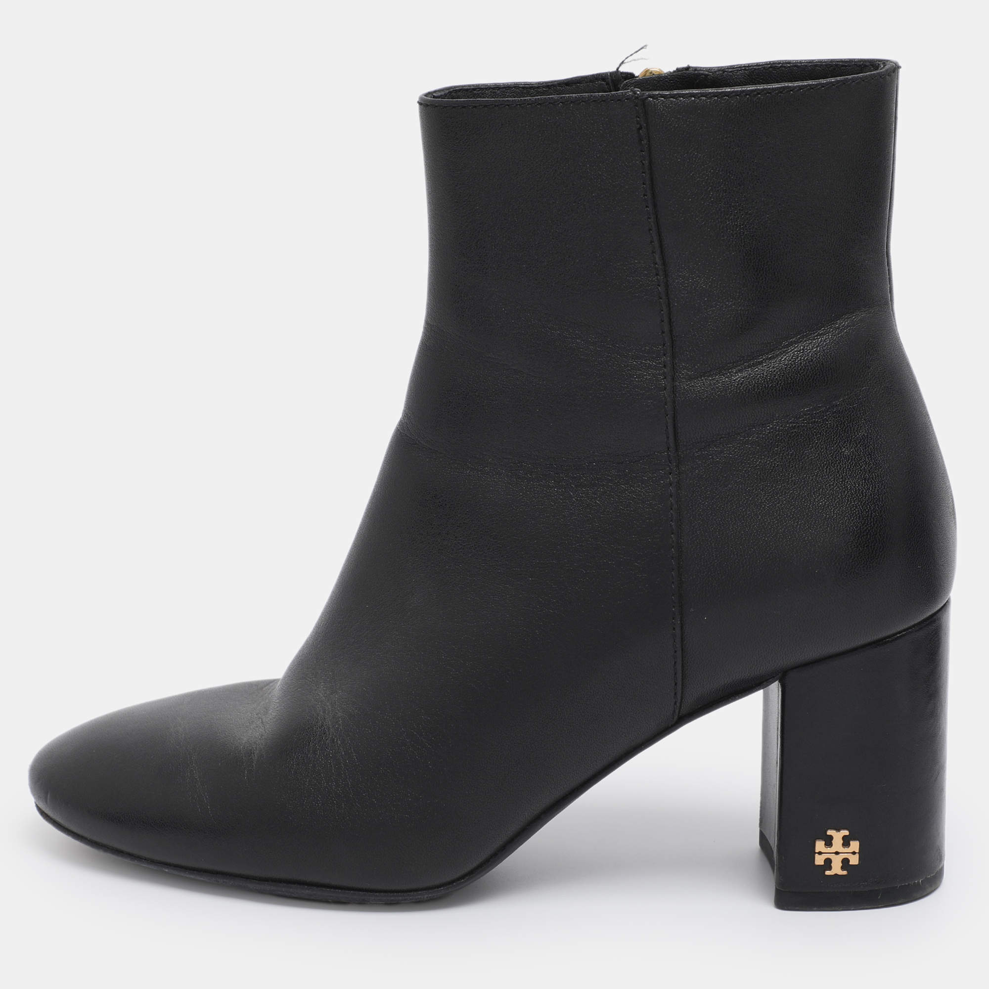 Pre Owned Tory Burch Black Leather Ankle Length Boots Size 35