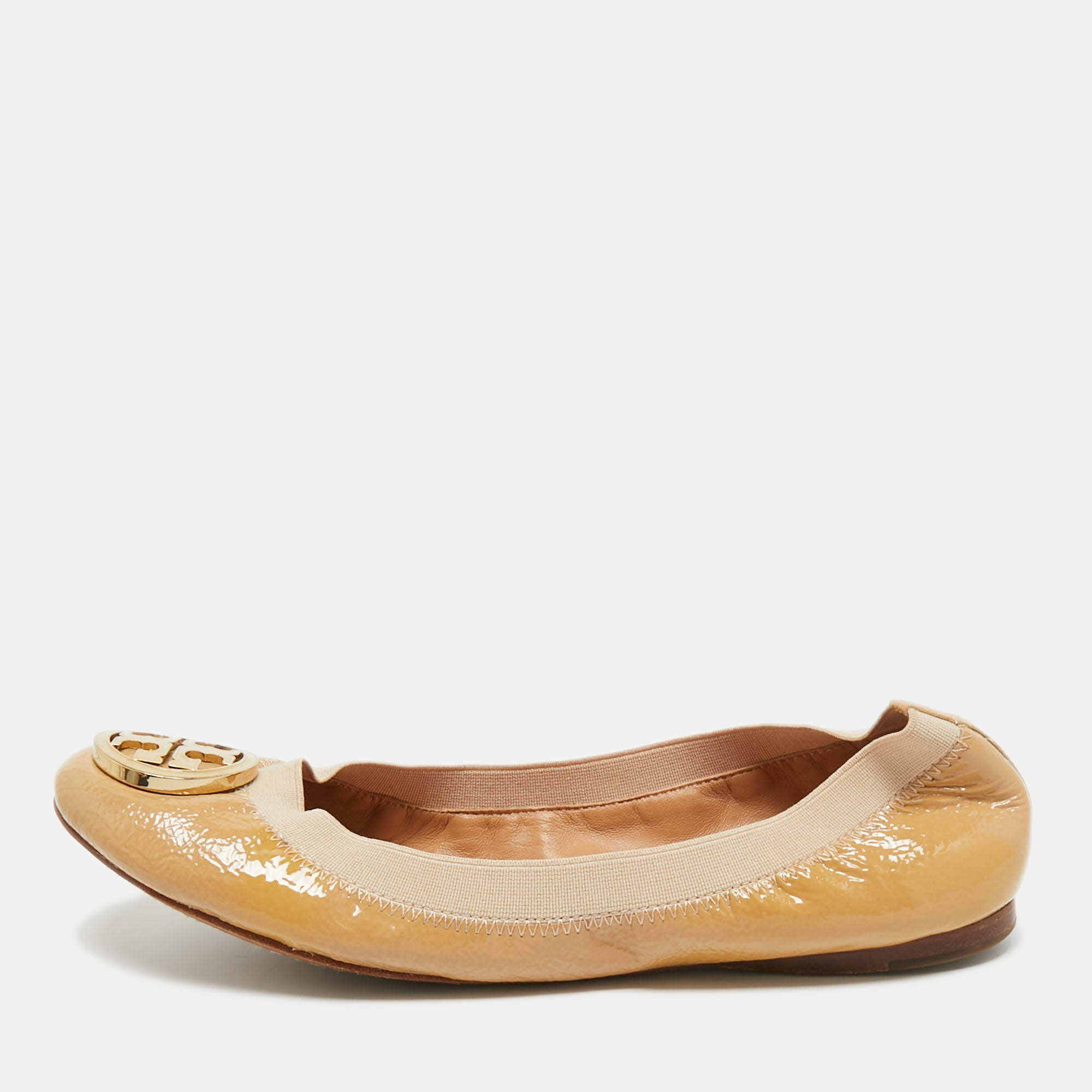 Pre Owned Tory Burch Beige Leather Scrunch Ballet Flats Size 39