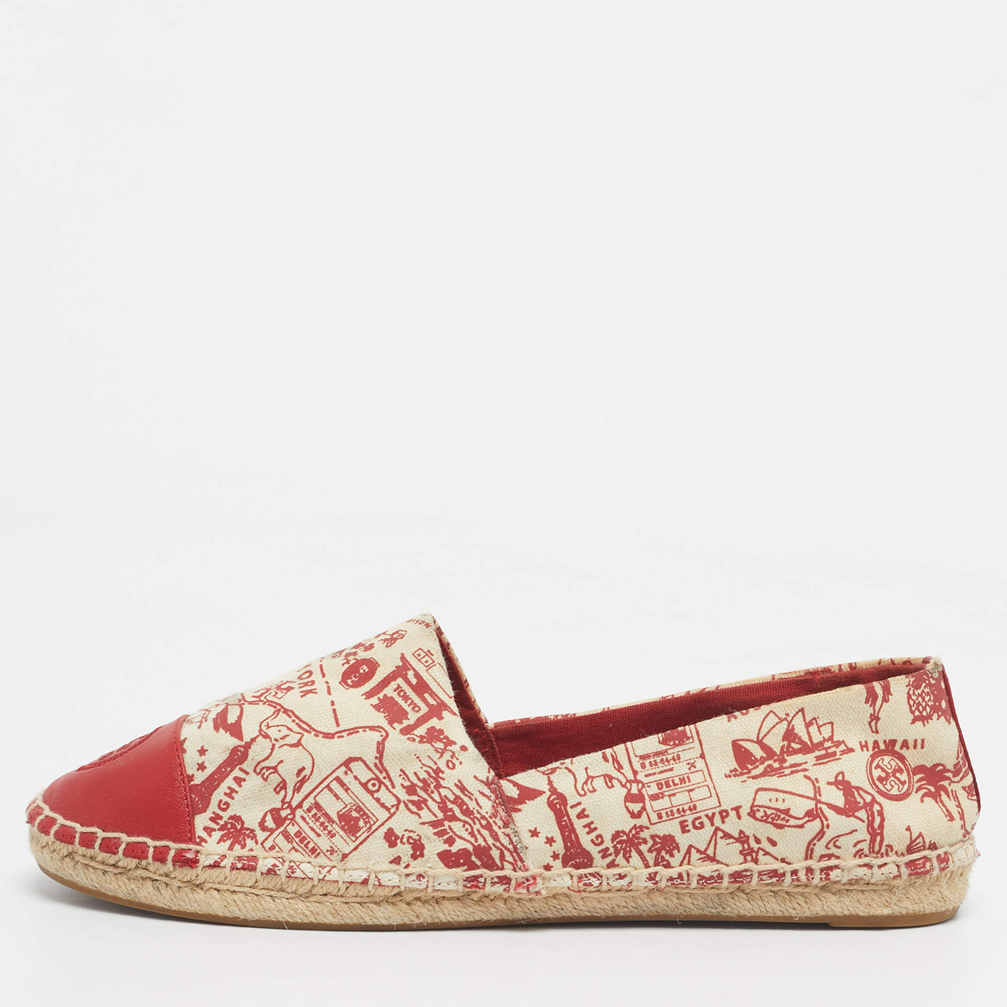 Pre Owned Tory Burch Pink/Canvas and  Leather Lucia Espadrille Flats Size 39