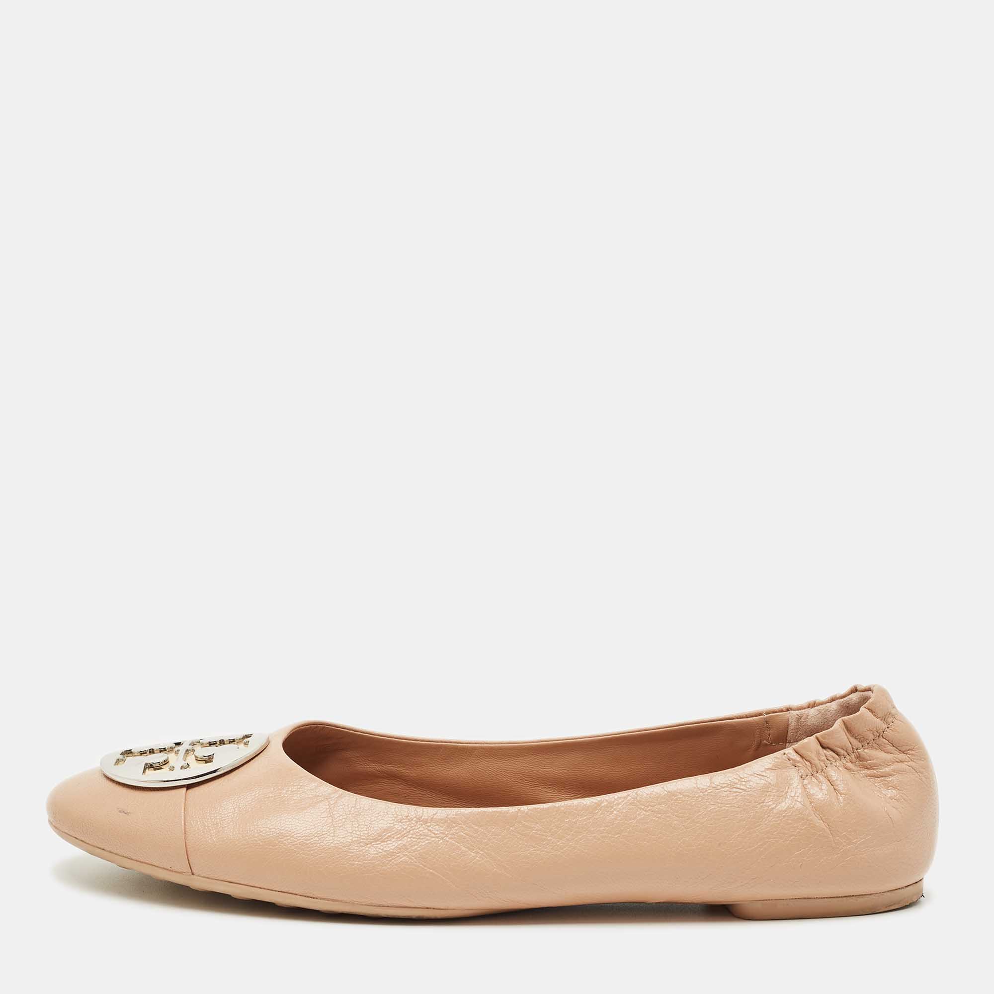 Pre Owned Tory Burch Beige Leather Scrunch Ballet Flats Size 41