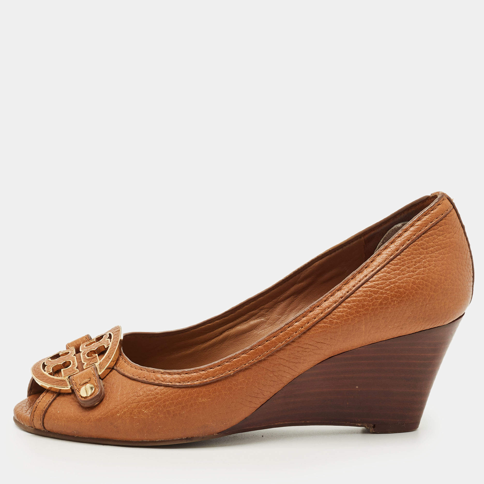 Pre Owned Tory Burch Brown Leather Amanda Peep Toe Wedge Pumps Size 37