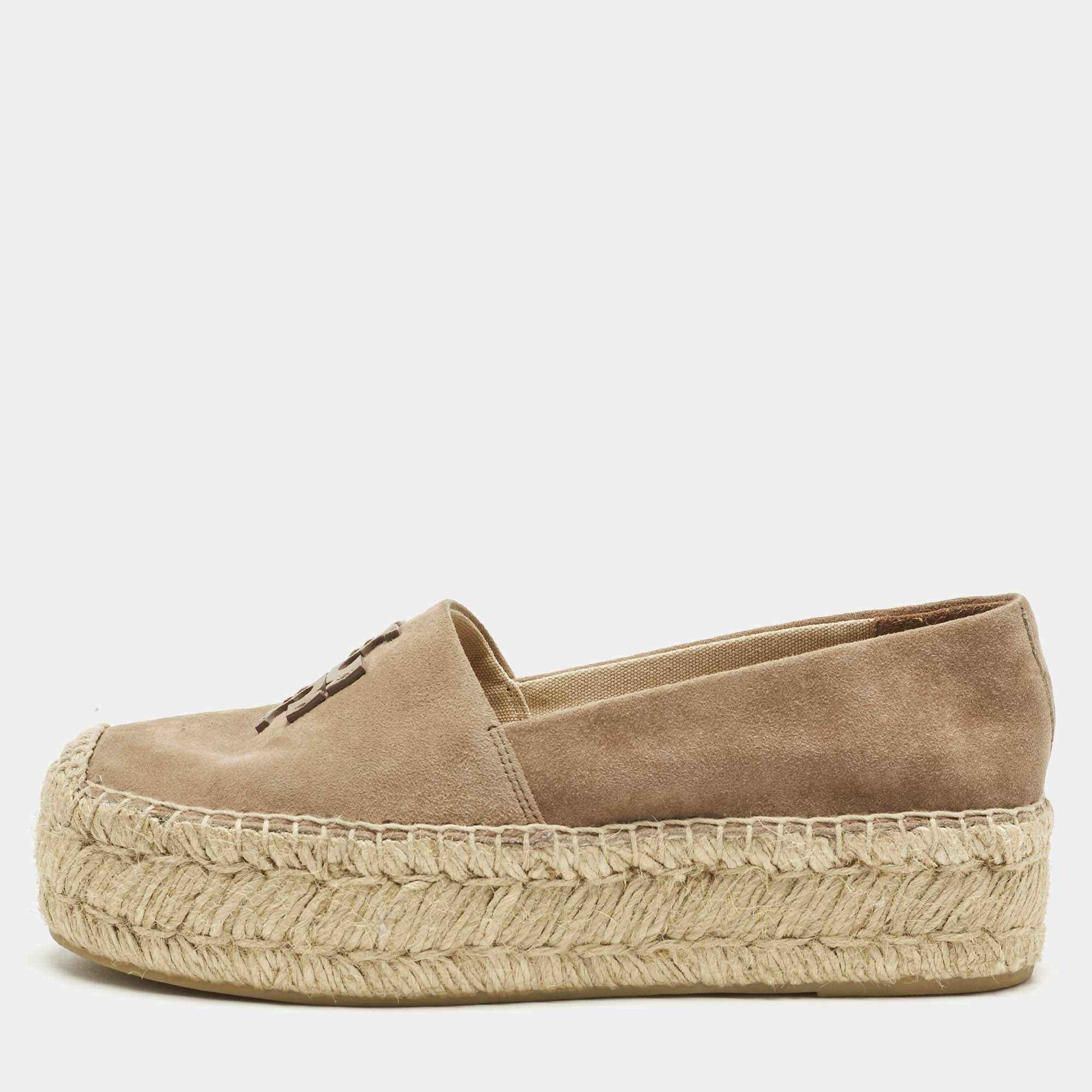 Pre Owned Tory Burch Beige Suede Platform Espadrille Flats Size 37.5