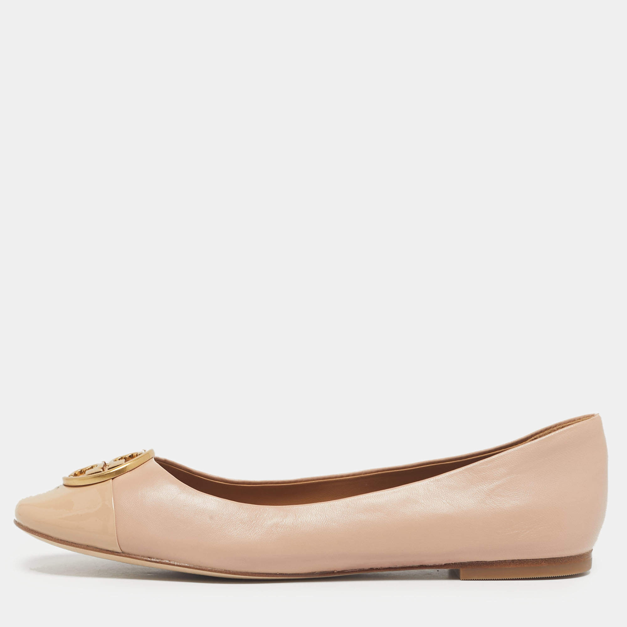 Pre Owned Tory Burch Beige Leather and Patent Scrunch Ballet Flats Size 38