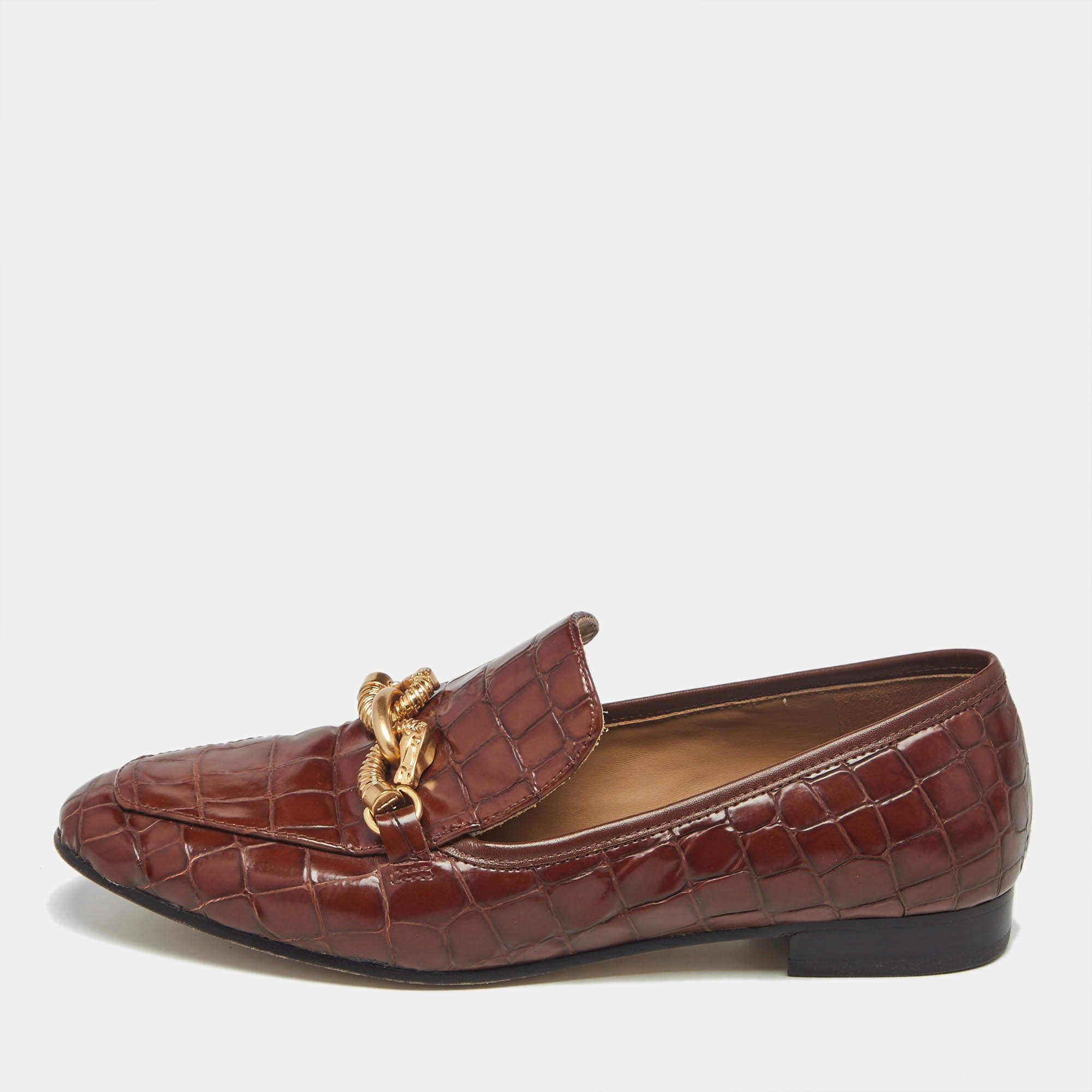 Pre Owned Tory Burch Brown Croc Embossed Leather Loafers Size 38