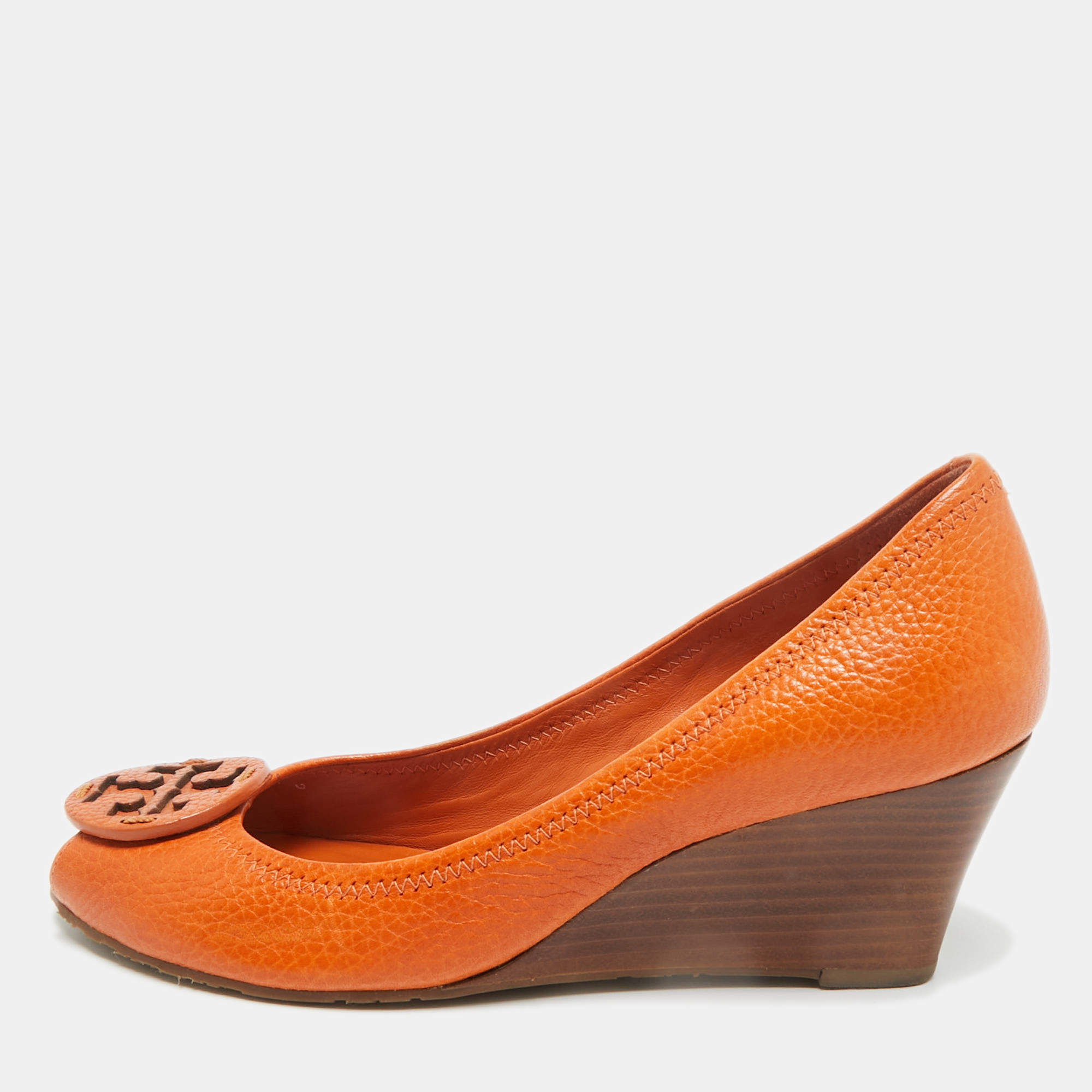 Pre Owned Tory Burch Orange Leather Logo Peep Toe Wedge Pumps Size 38