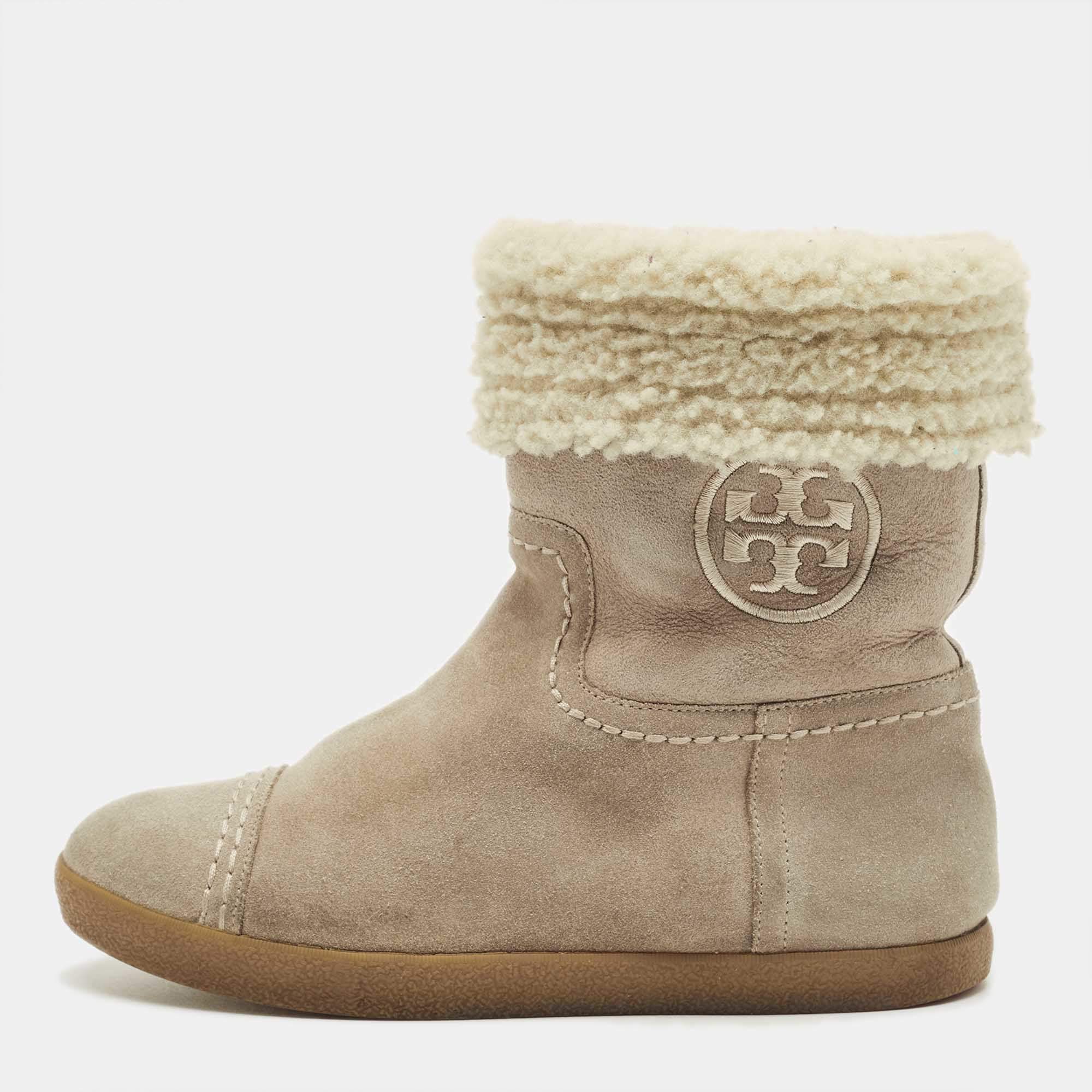 Pre Owned Tory Burch Beige Nubuck Leather Snow Boots Size 37